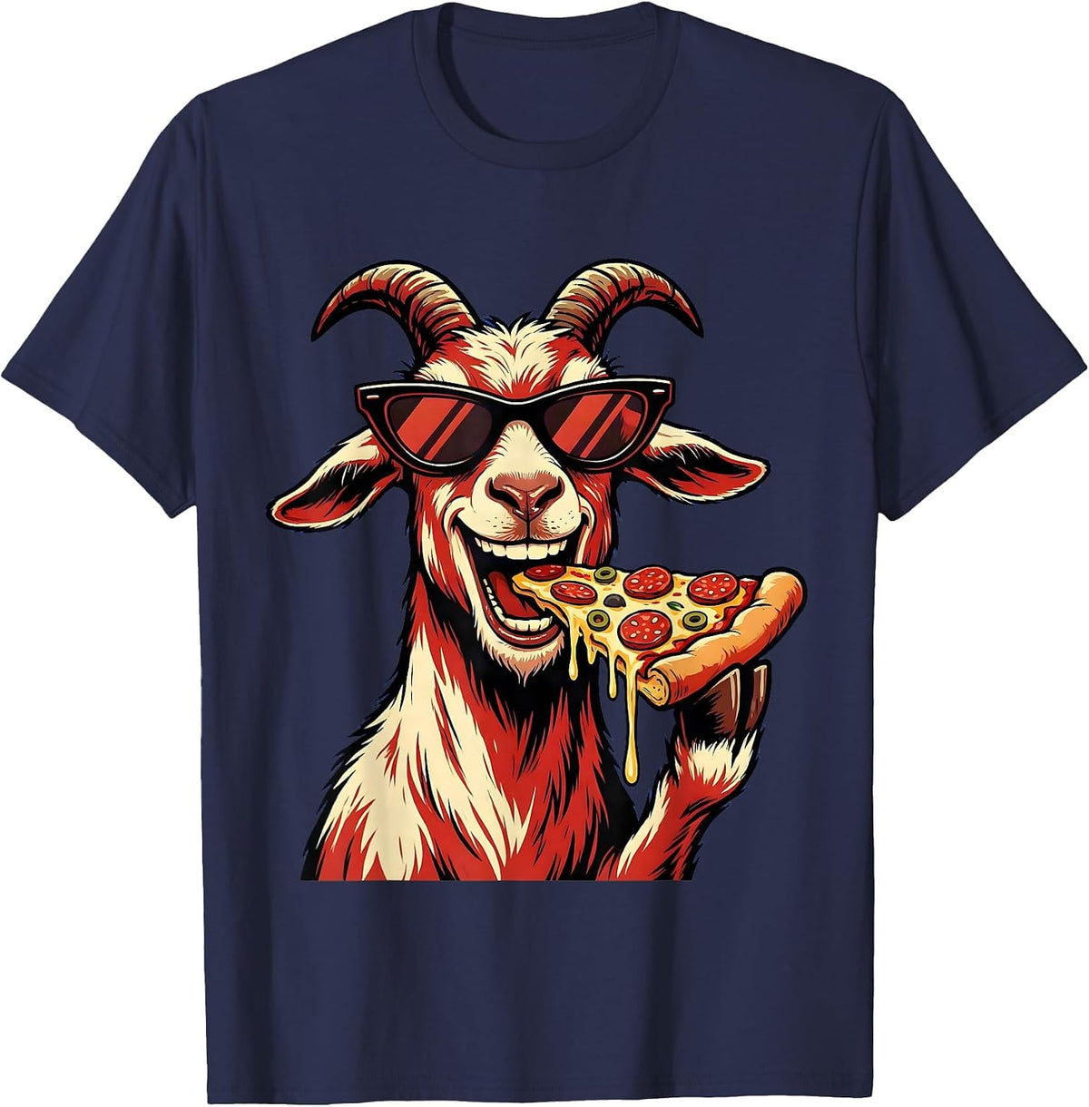 Cool Goat in Sunglasses Eating Pizza Funny T-Shirt - Navy Blue