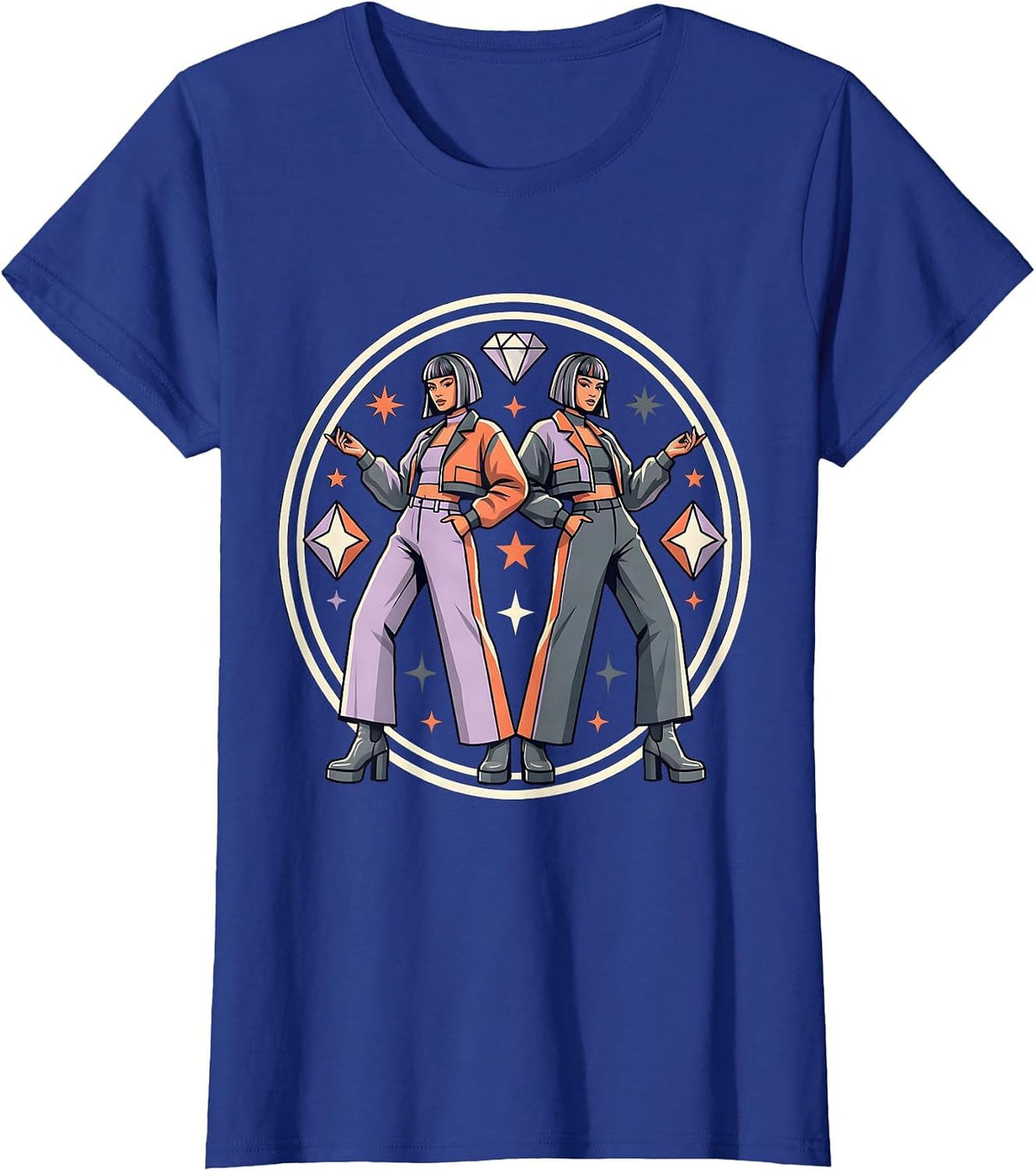 Women's K-Pop Duo Crop Jacket Matching Fits Graphic T-Shirt - Royal Blue