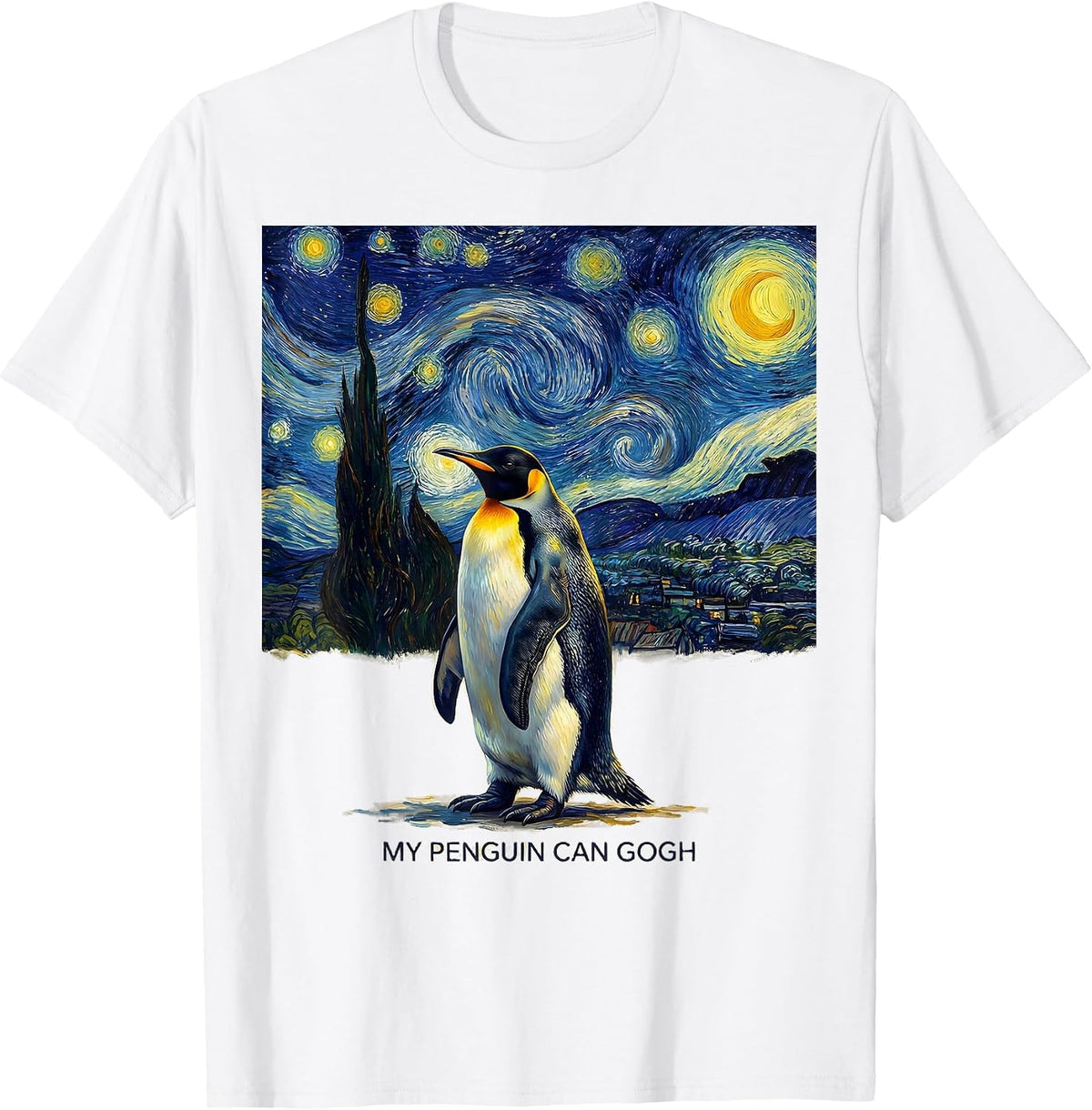 Men's My Penguin Can Gogh Funny Animal Art Parody Van Gogh Starry T-Shirt - White