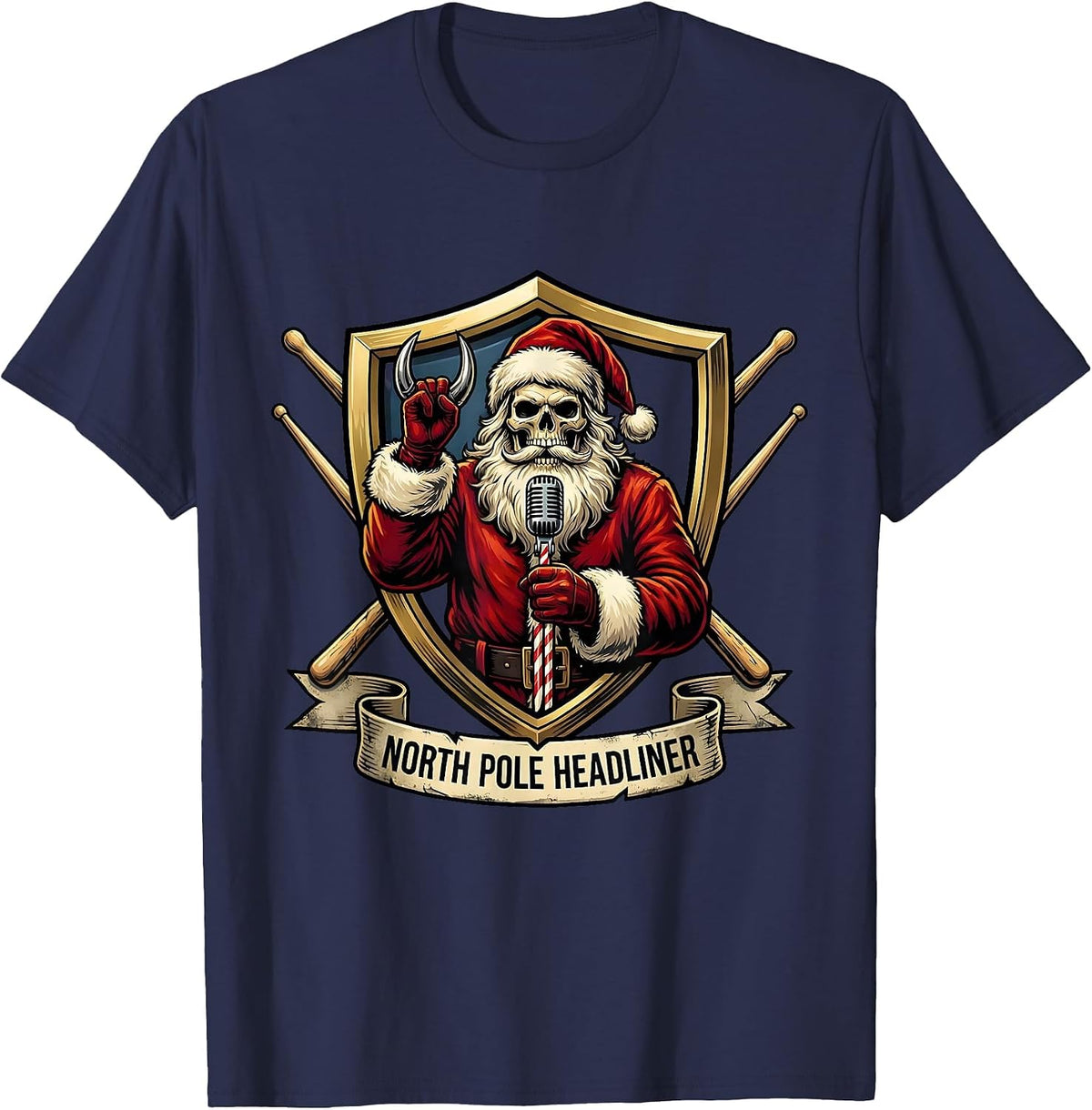 Men's North Pole Headliner Heavy Metal Santa Rock On Christmas T-Shirt - Navy Blue