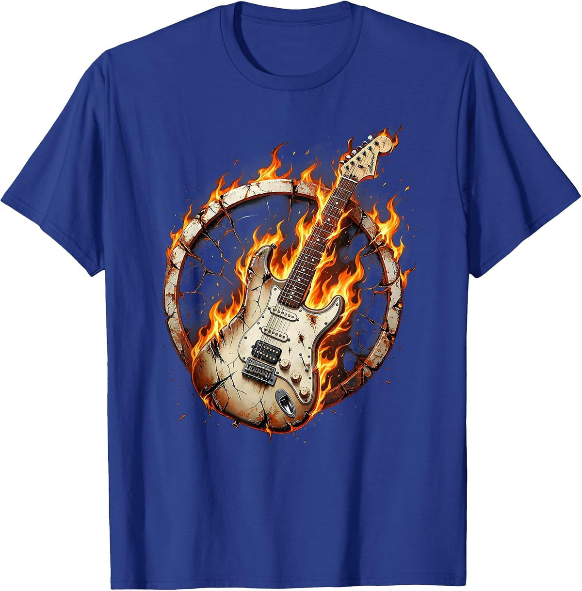 Flaming Electric Guitar Rock Music Graphic T-Shirt - Royal Blue