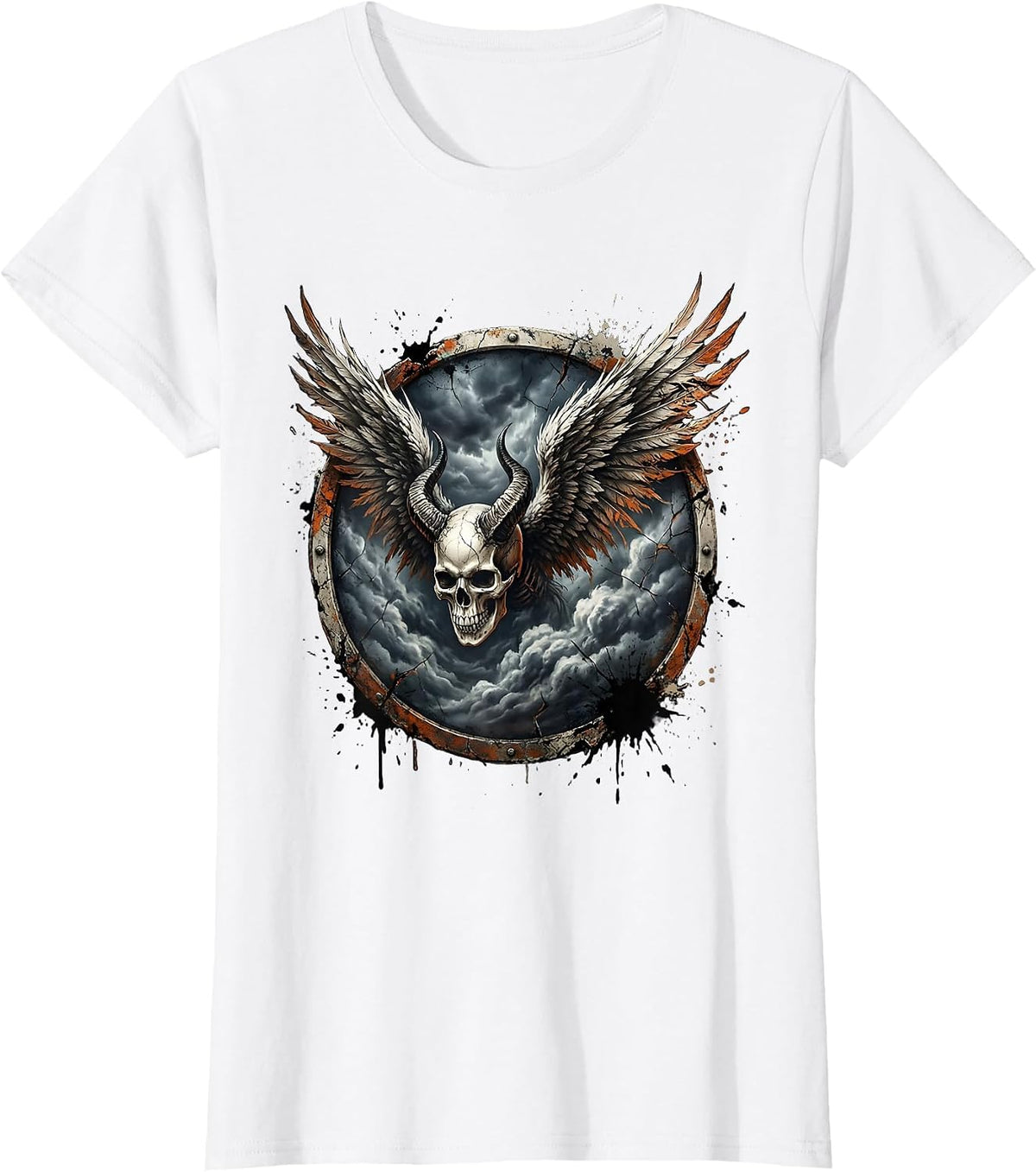 Winged Skull Storm Clouds Metal Band Graphic T-Shirt - White