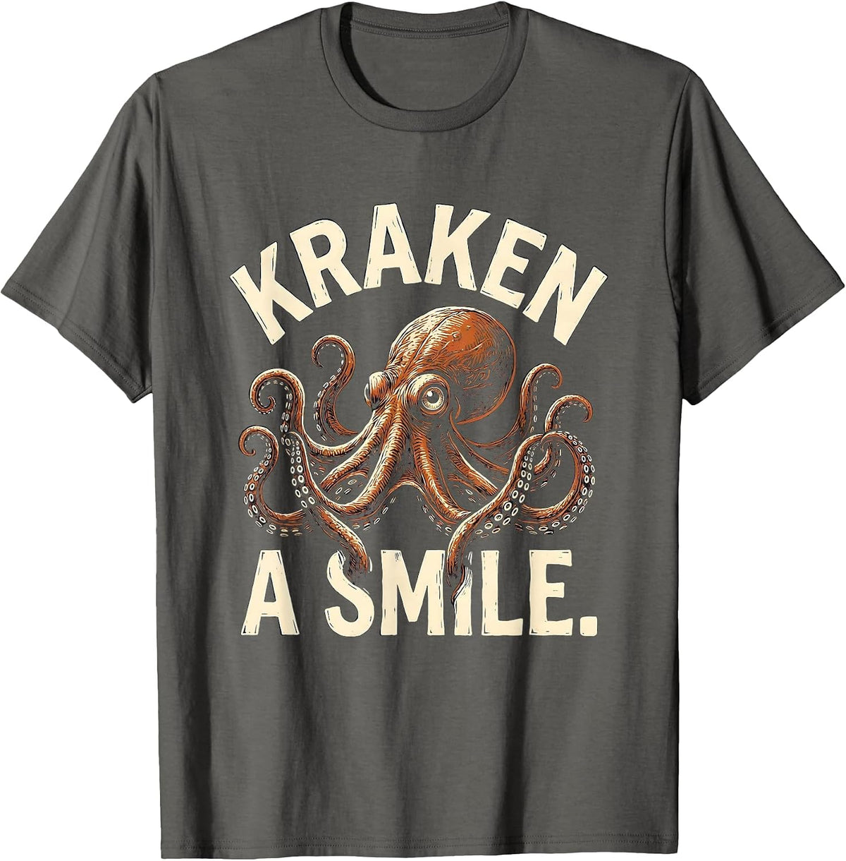 Men's Kraken A Smile Linocut Octopus Lover Marine Biology Humor T-Shirt - Asphalt Grey