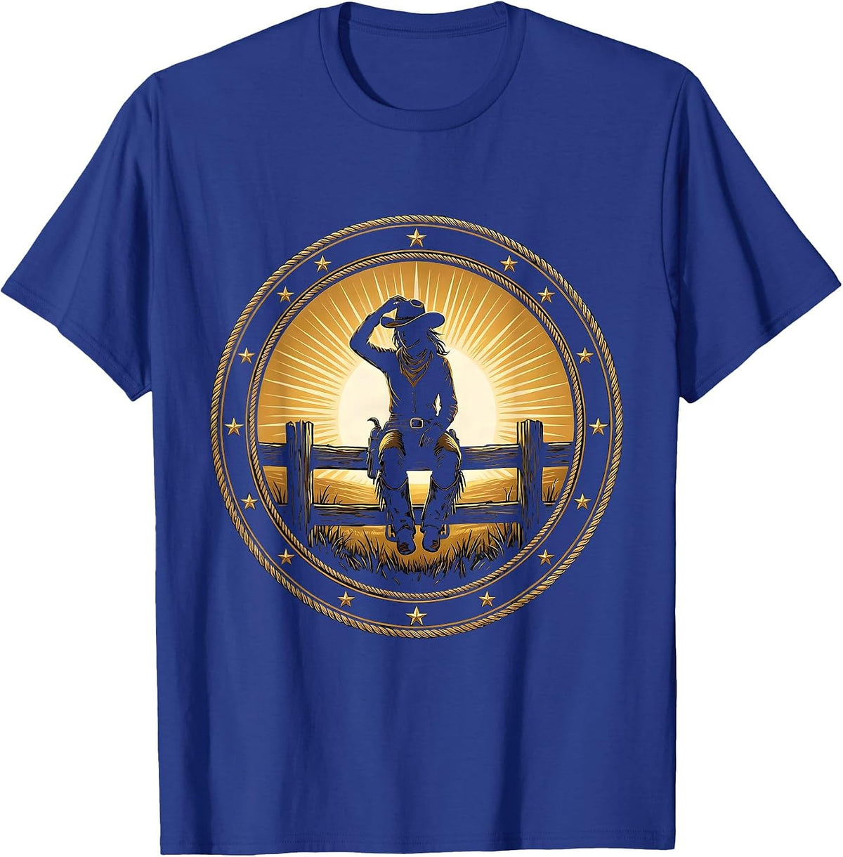Cowgirl Sitting on Fence Watching Sunrise T-Shirt - Royal Blue