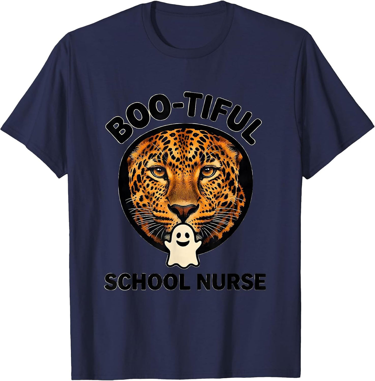 Boo-tiful School Nurse Funny Leopard Halloween Costume T-Shirt - Navy Blue