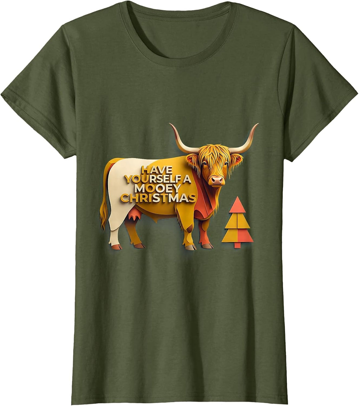 Women's Have Yourself A Mooey Christmas Funny Highland Cow Farm T-Shirt - Olive Green