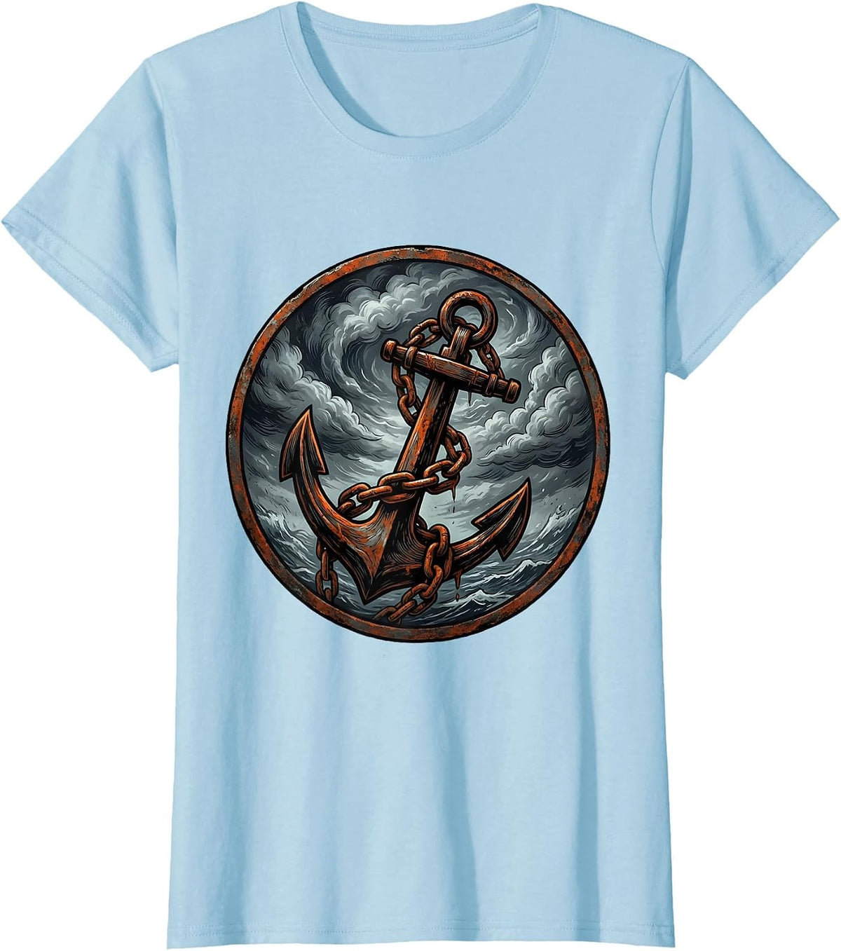 Chained Anchor Storm Clouds Grunge Graphic T-Shirt - Baby Blue
