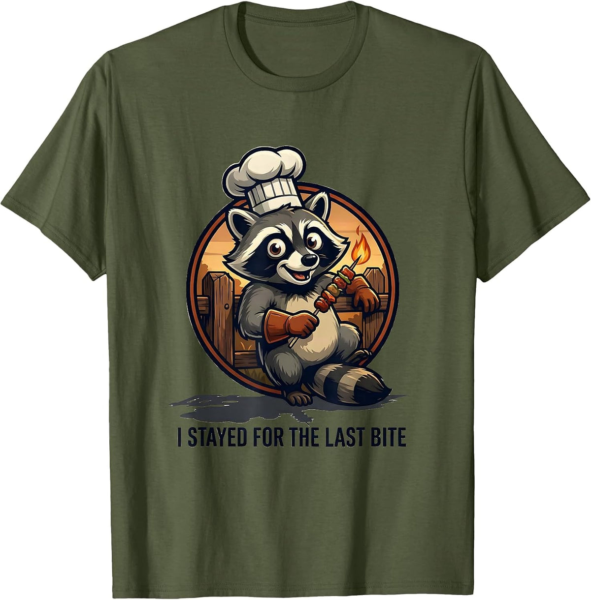 I Stayed For The Last Bite Retro Chef Raccoon BBQ Humor T-Shirt - Olive Green