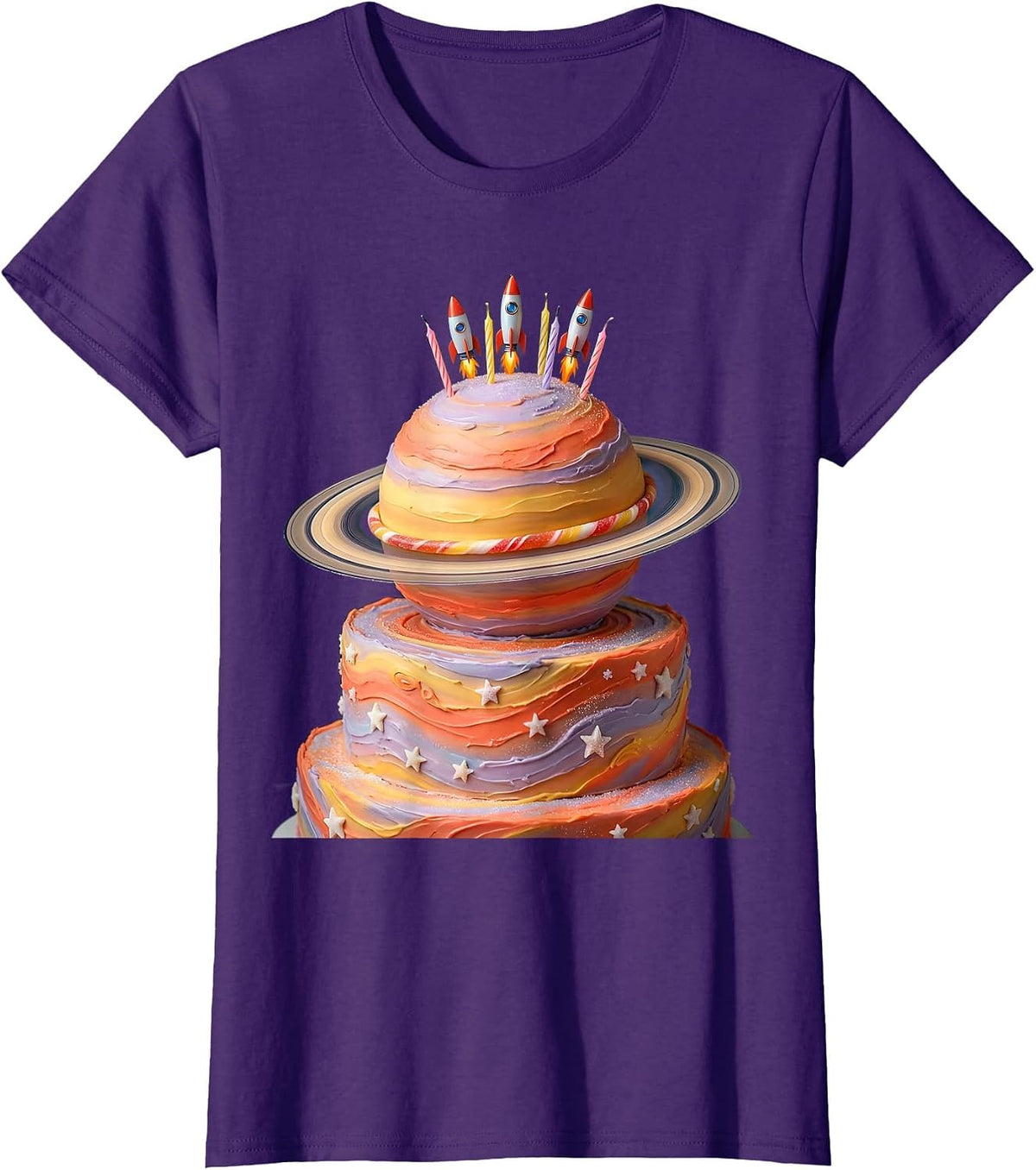Birthday Cake Planet Outer Space Celebration Graphic T-Shirt - Purple