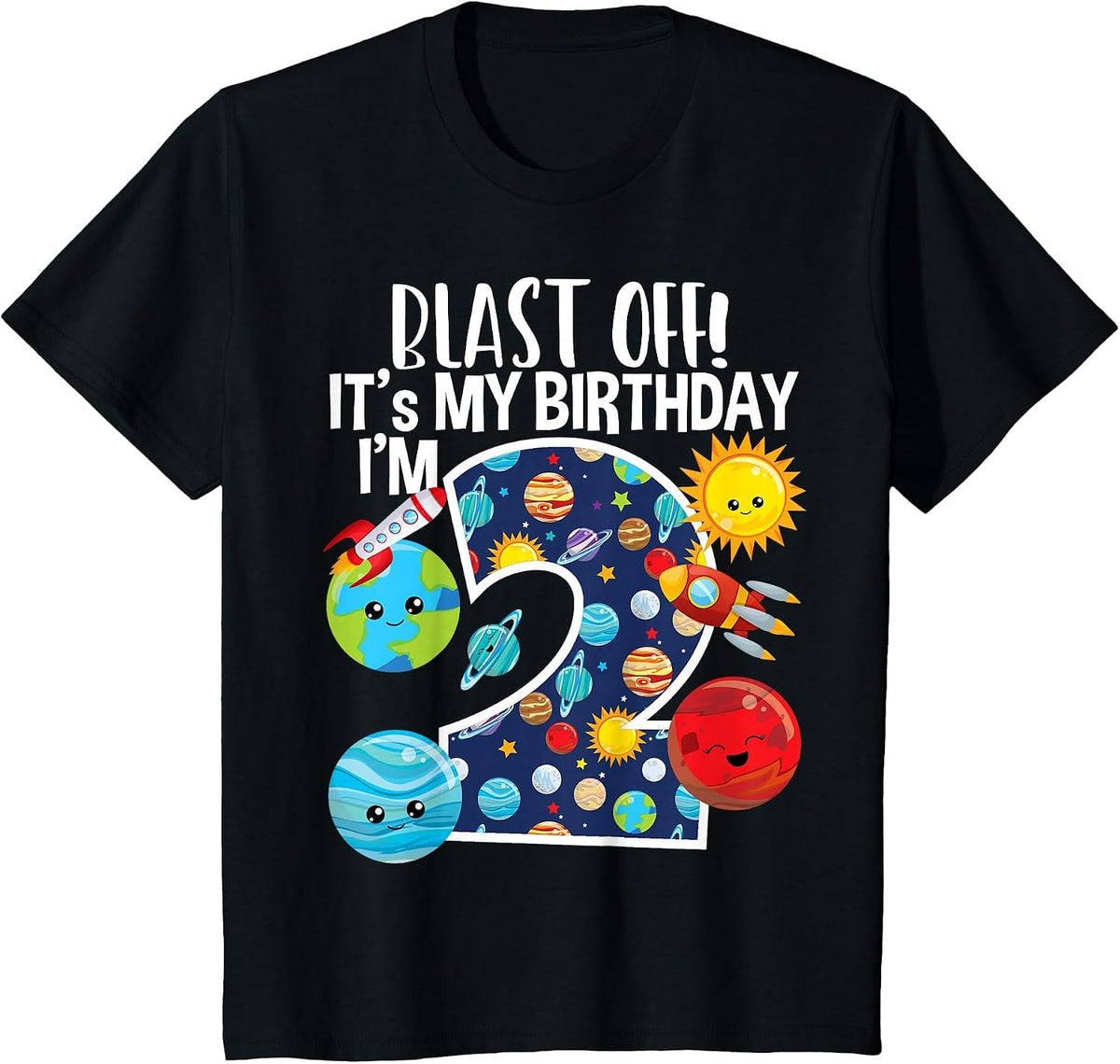 Space Planets Funny Solar Space 2nd Birthday Party 2 Yrs Old T-Shirt - Black