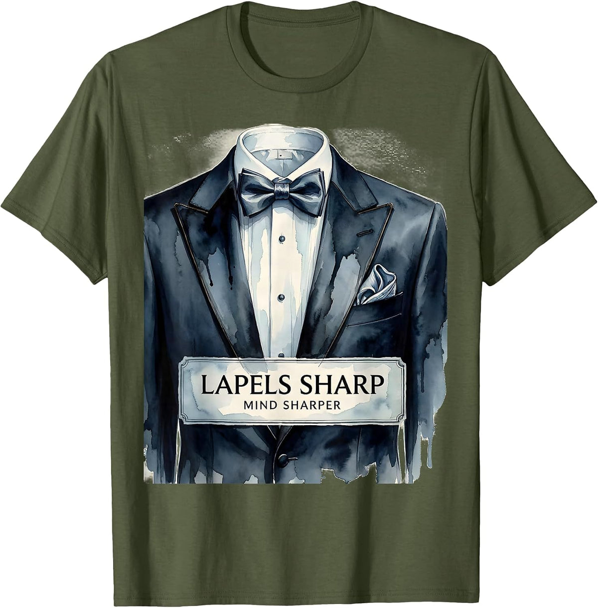 Men's Lapels Sharp Mind Sharper Tuxedo Graphic Design T-Shirt - Olive Green