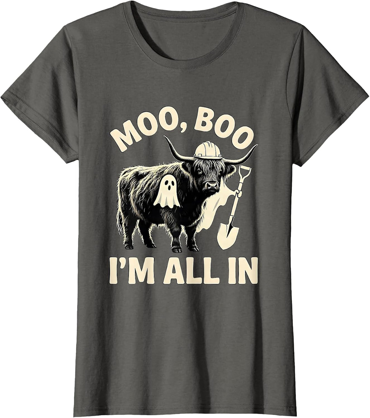 Women's Moo, Boo, I'm All In Funny Highland Cow Ghost Costume T-Shirt - Asphalt Grey