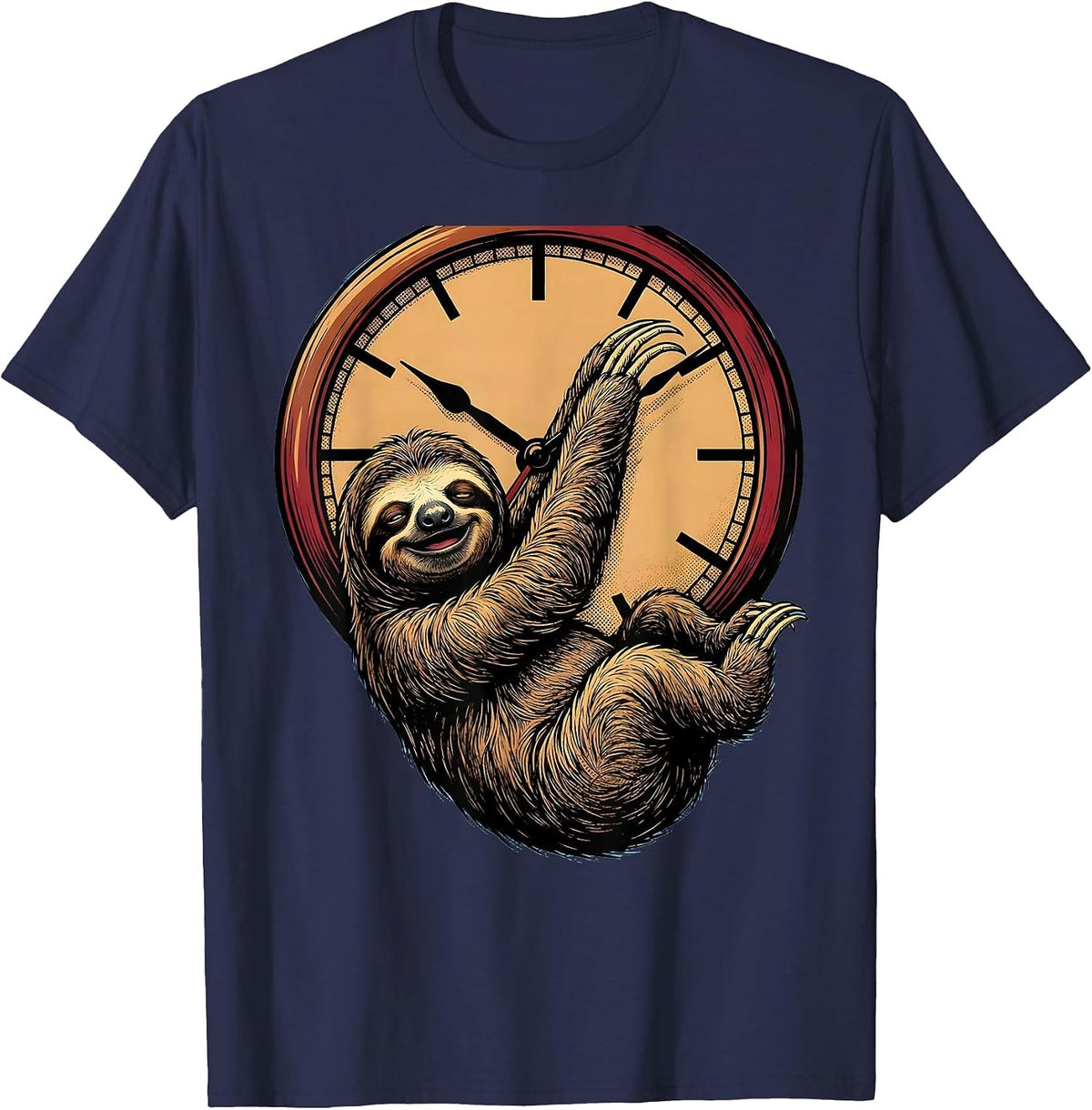 Men's Funny Sloth Hanging From Clock Hands T-Shirt - Navy Blue
