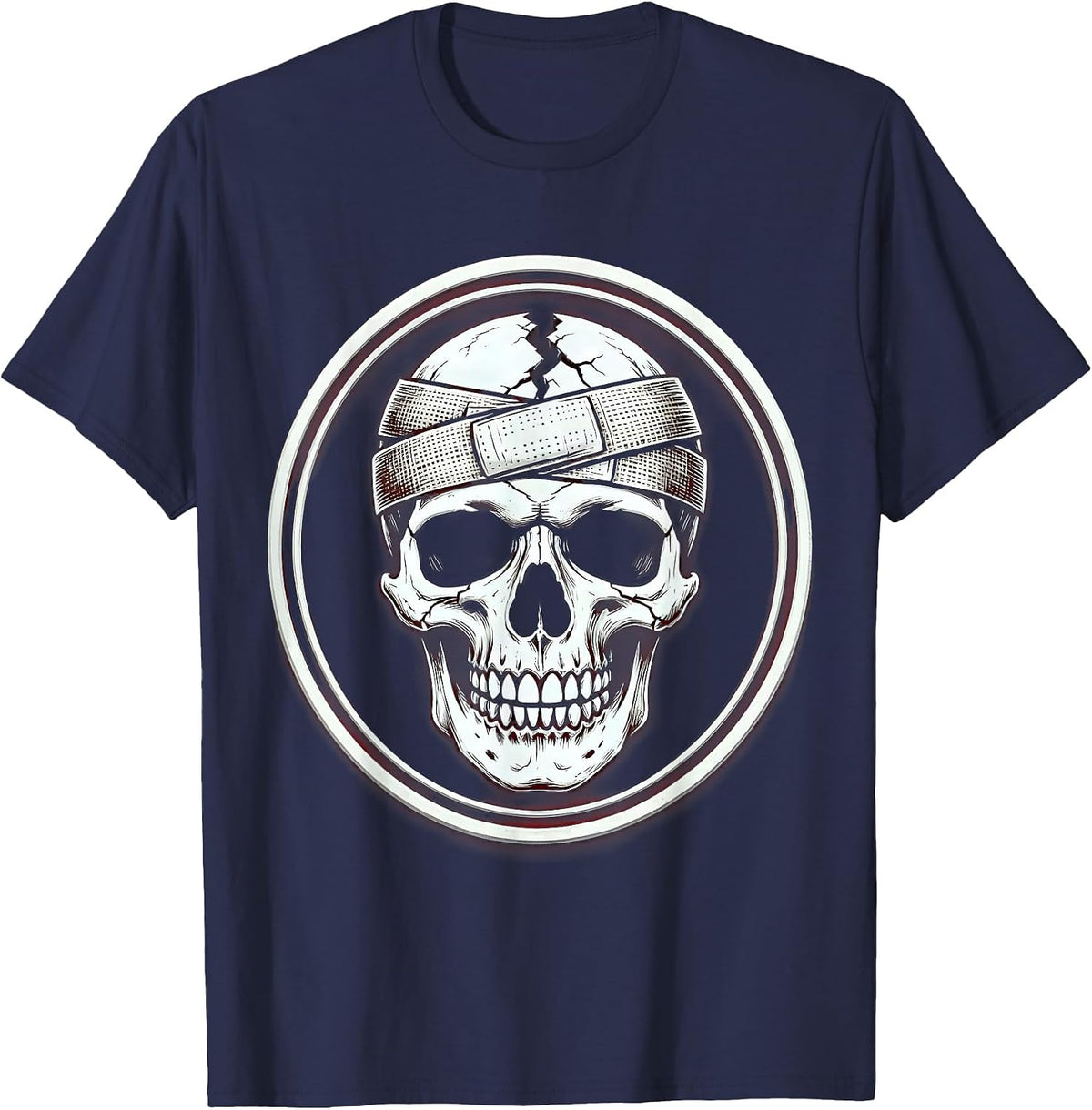 Cracked Skull Bandage Smile Graphic Design T-Shirt - Navy Blue
