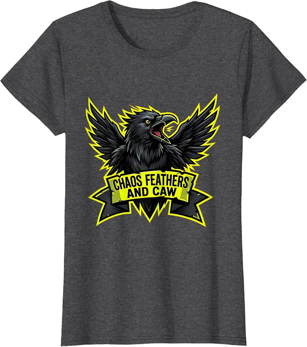 Women's Chaos Feathers and Caw Crow Design T-Shirt - Dark Heather Grey