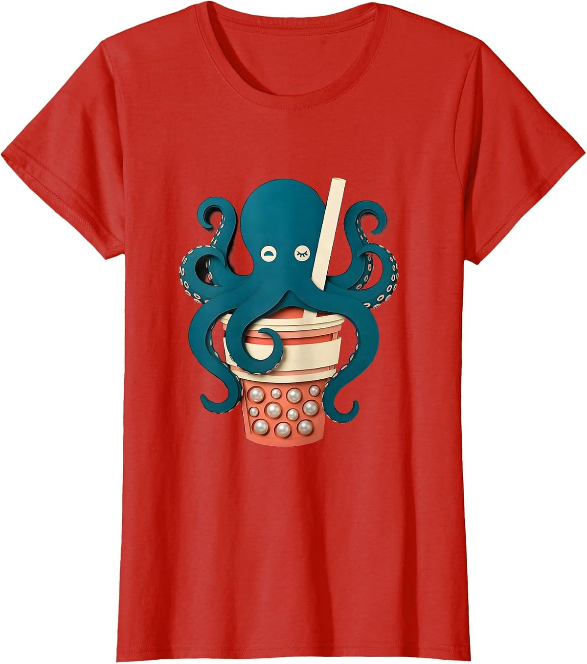 Sleepy Octopus Kawaii Boba Tea Lover T-Shirt - Red