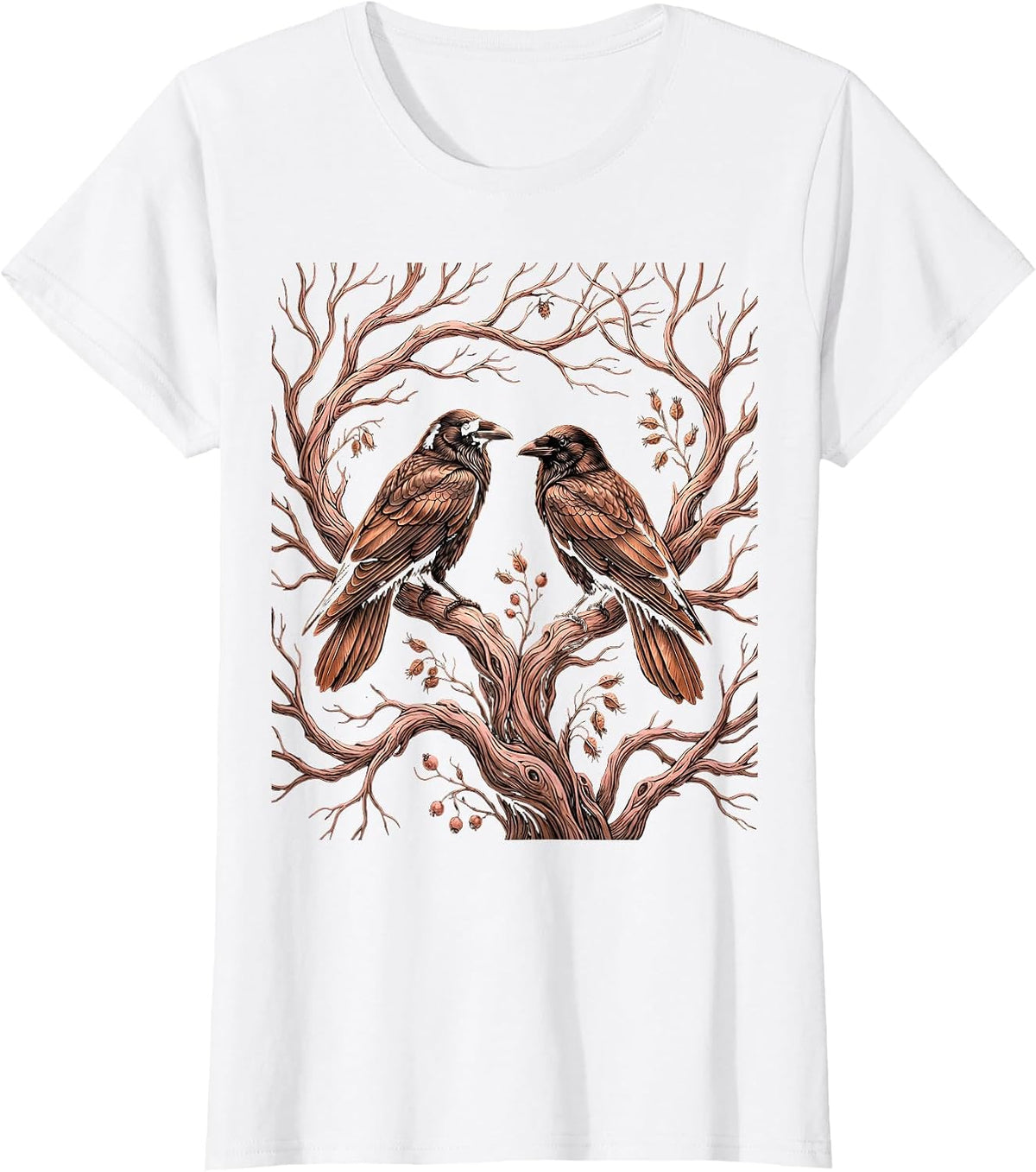 Crows on Bare Winter Tree Branches Illustration T-Shirt - White
