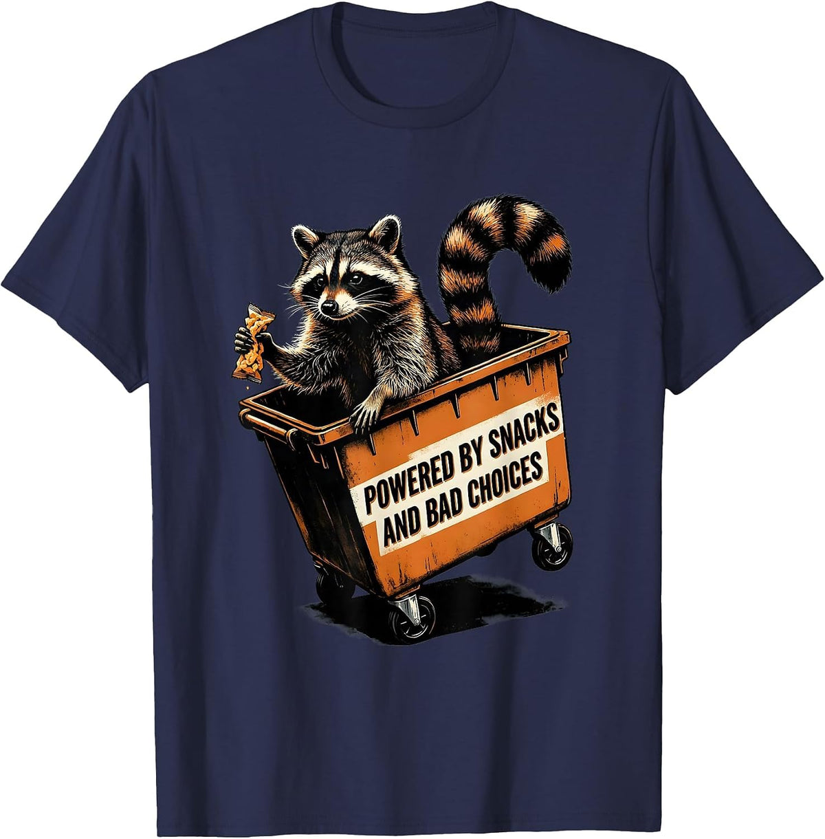 Powered By Snacks And Bad Choices Funny Jimothy Raccoon Meme T-Shirt - Navy Blue