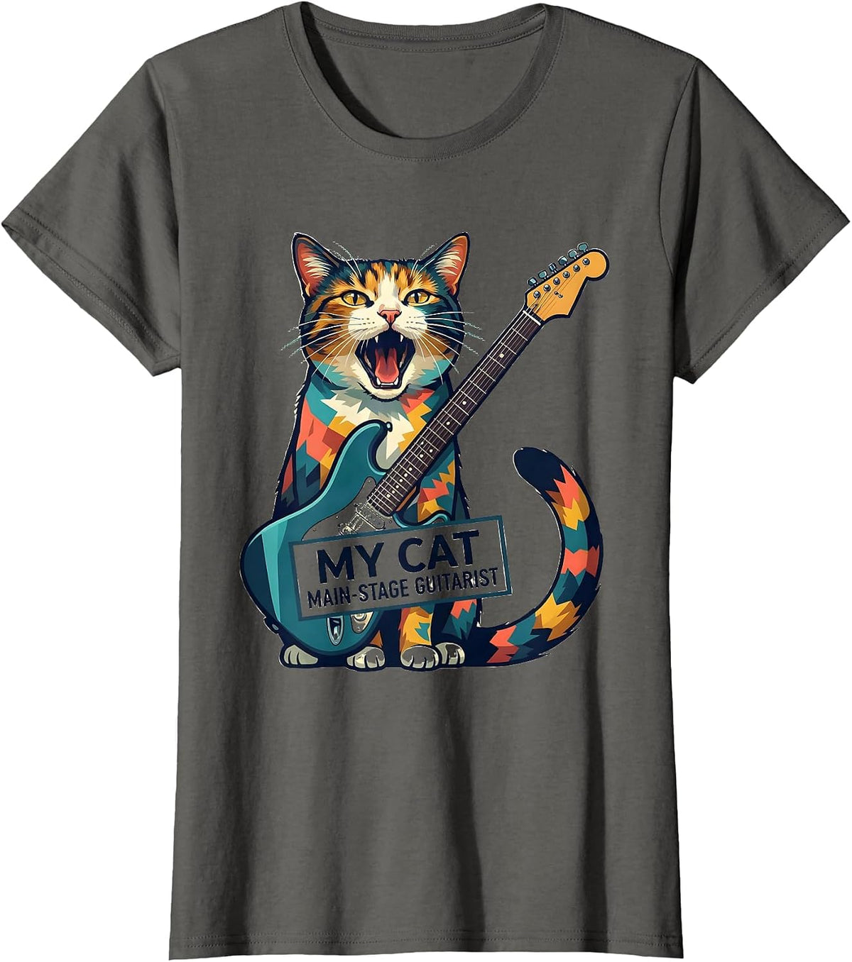 Women's My Cat, Main-Stage Guitarist Funny Rock Star Cat Lover Gift T-Shirt - Asphalt Grey