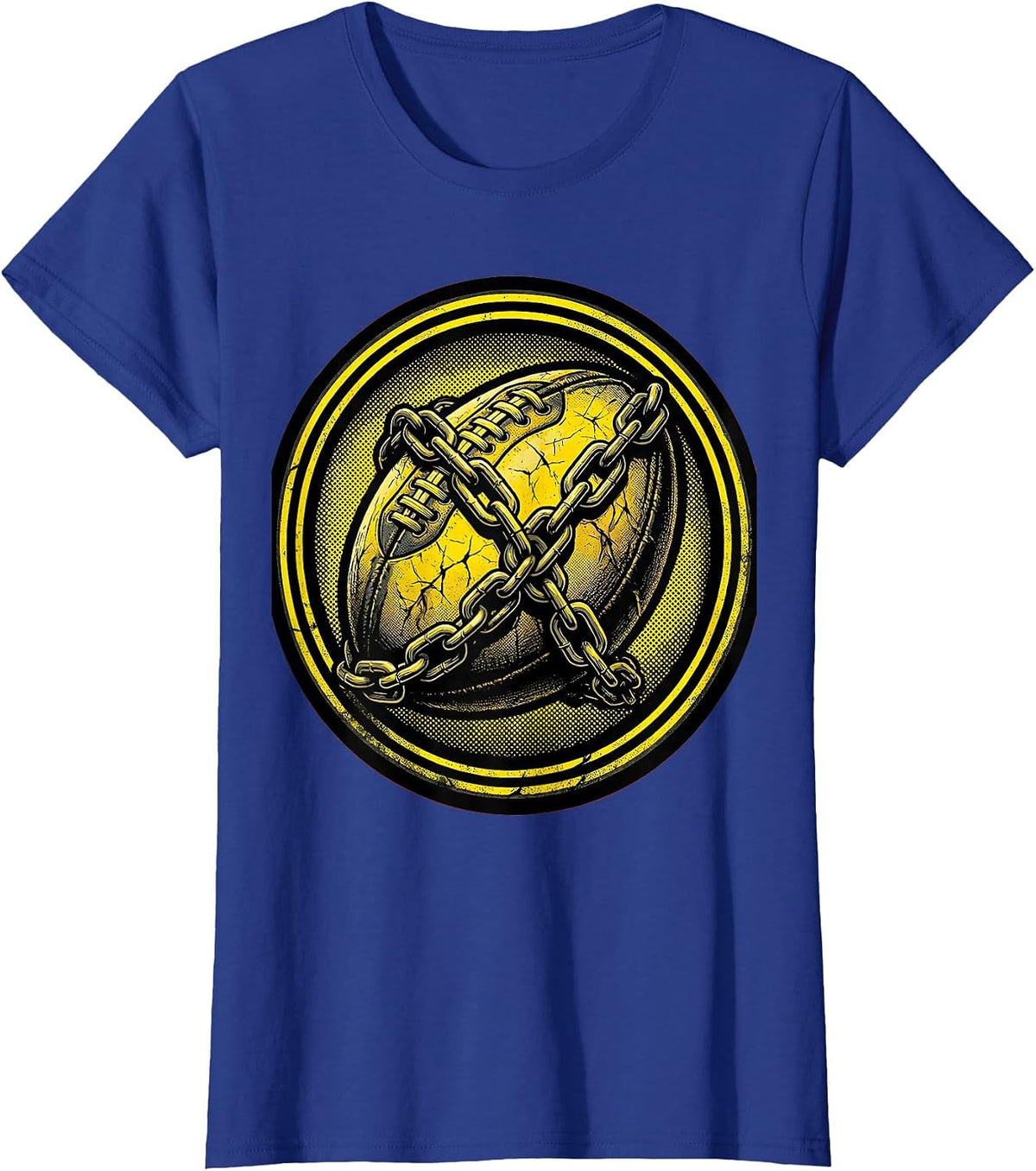 Women's Weathered Rugby Ball Wrapped in Chains Design T-Shirt - Royal Blue