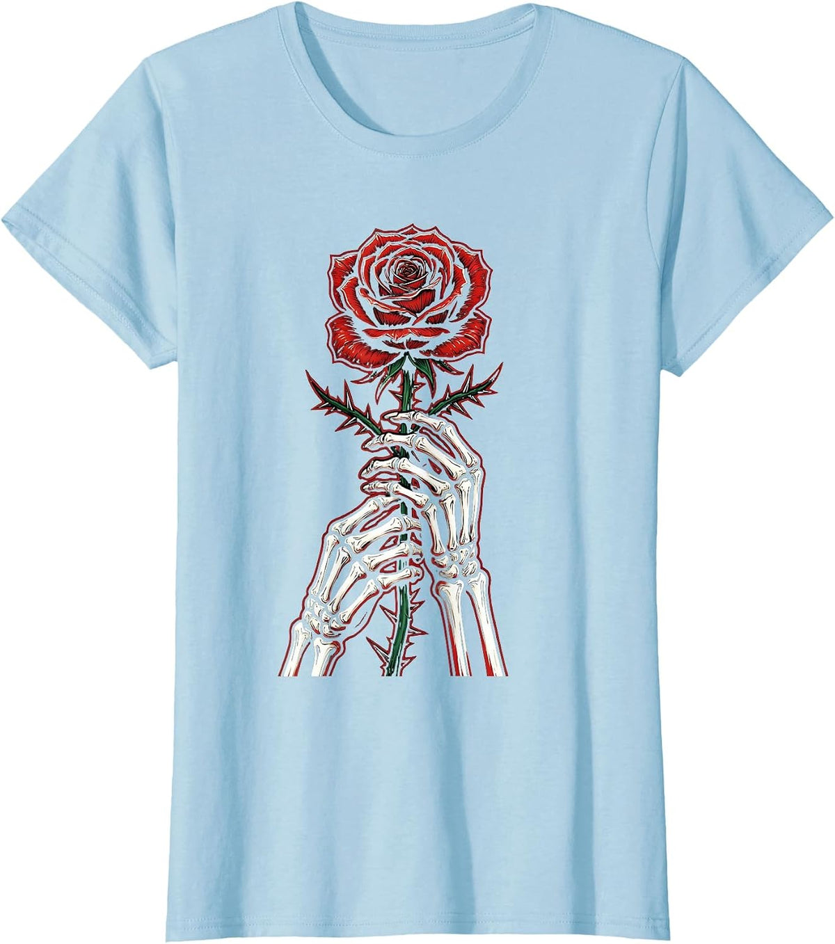 Women's Skeleton Hands Gripping Thorned Rose Long Sleeve T-Shirt - Baby Blue