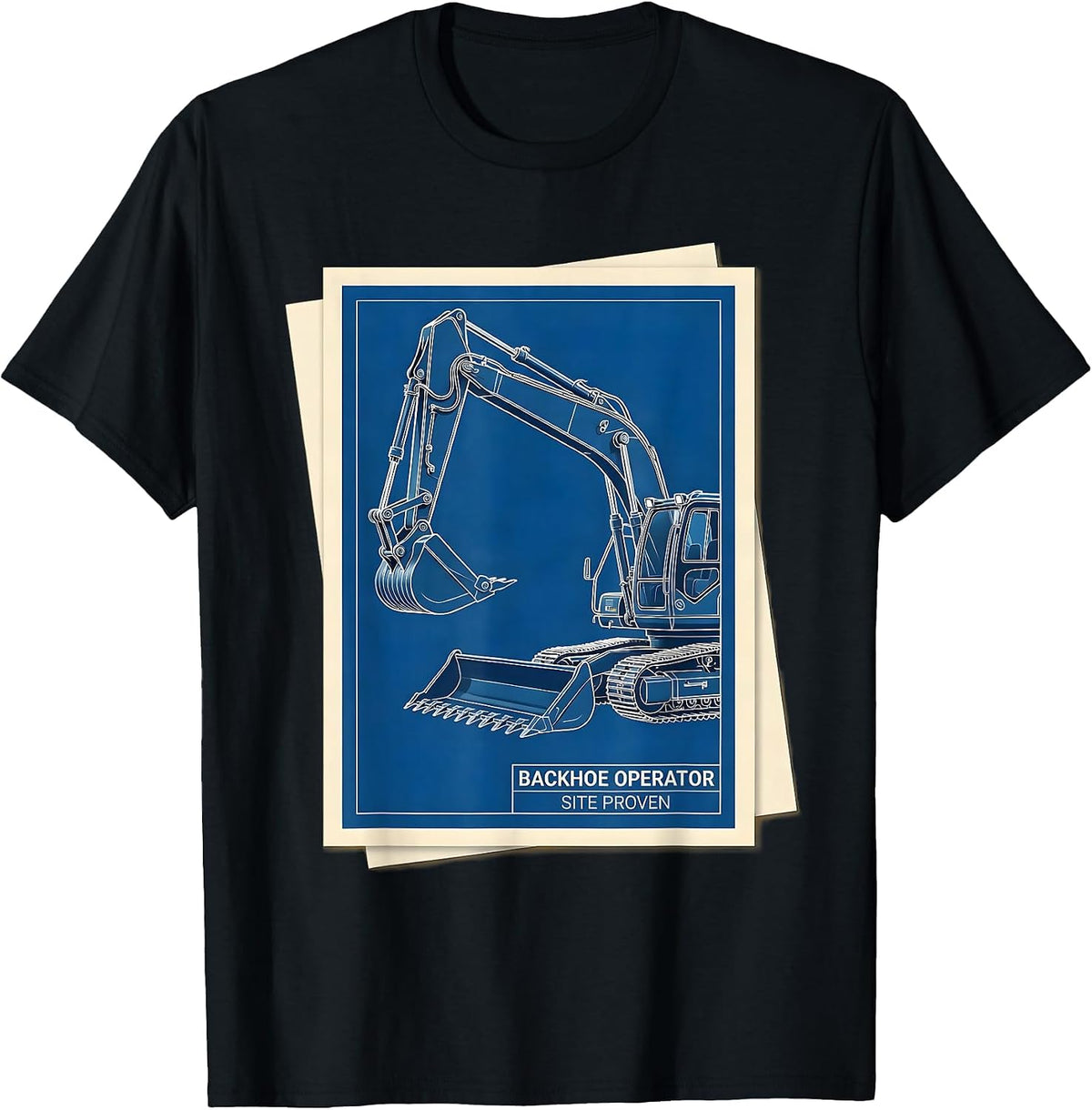 Men's Backhoe Operator Site Proven Technical Blueprint Heavy T-Shirt - Black