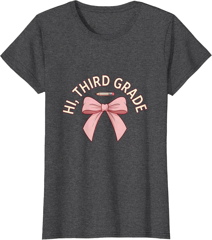 Women's Hi, Third Grade Coquette Bow Back to School Teacher Gift T-Shirt - Dark Heather Grey