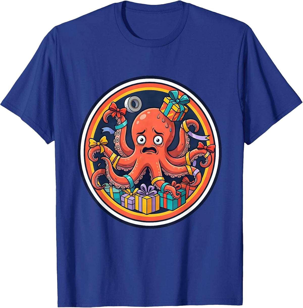 Overwhelmed Octopus Gift Wrapping Chaos T-Shirt - Royal Blue