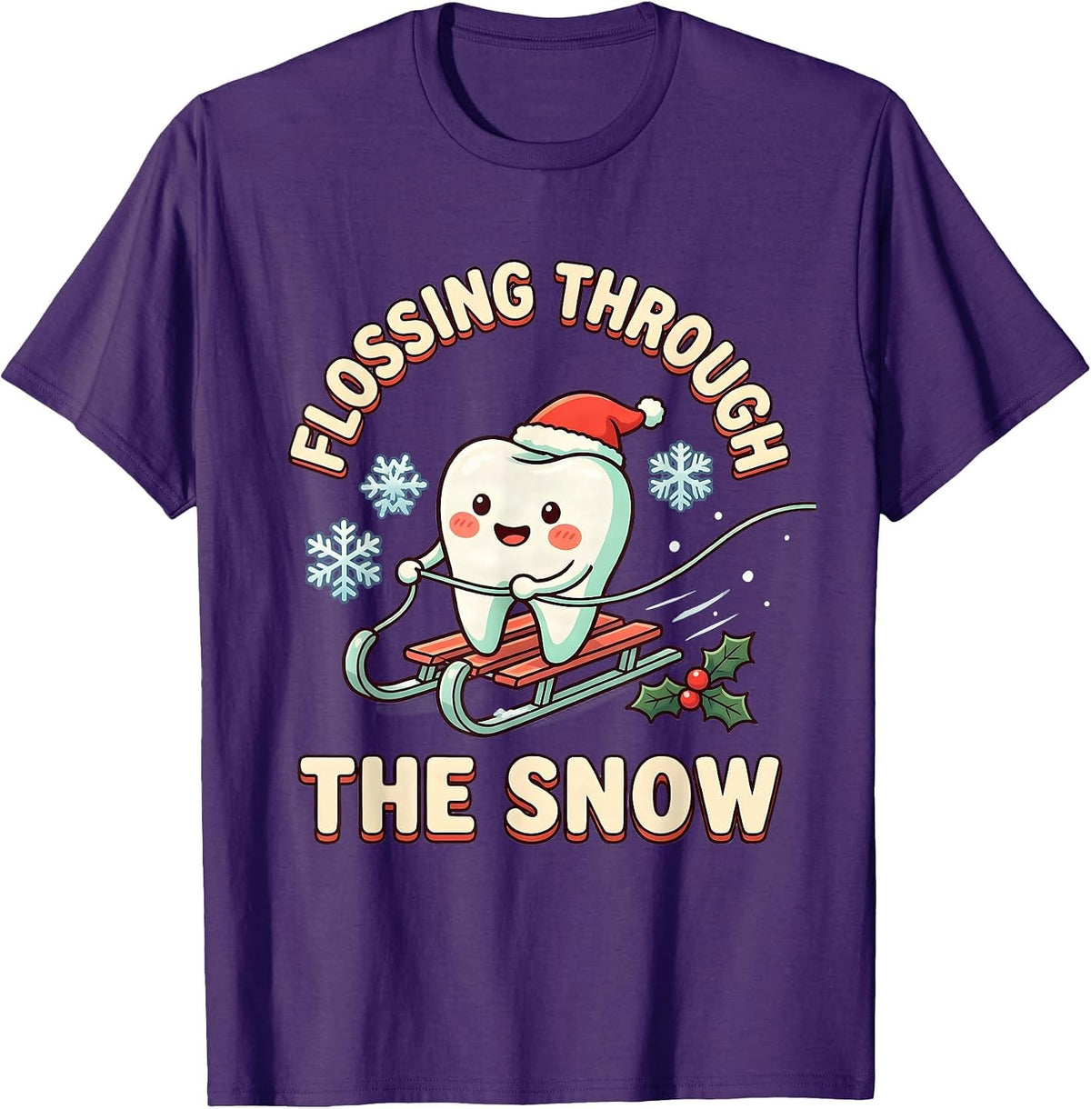 Flossing Through the Snow Cute Kawaii Dentist Christmas T-Shirt - Purple