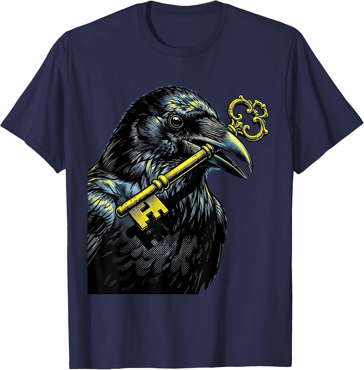 Men's Crow Clutching a Key Illustration Design T-Shirt - Navy Blue