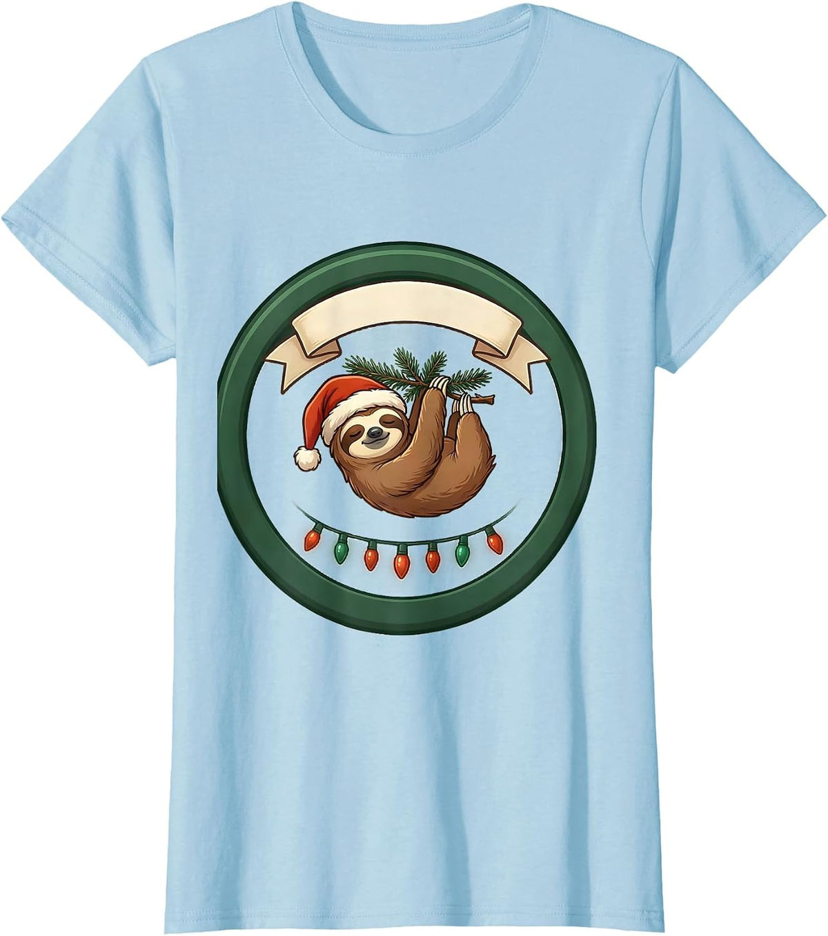 Sloth Santa Hat Christmas Lights Funny Holiday Pajama T-Shirt - Baby Blue