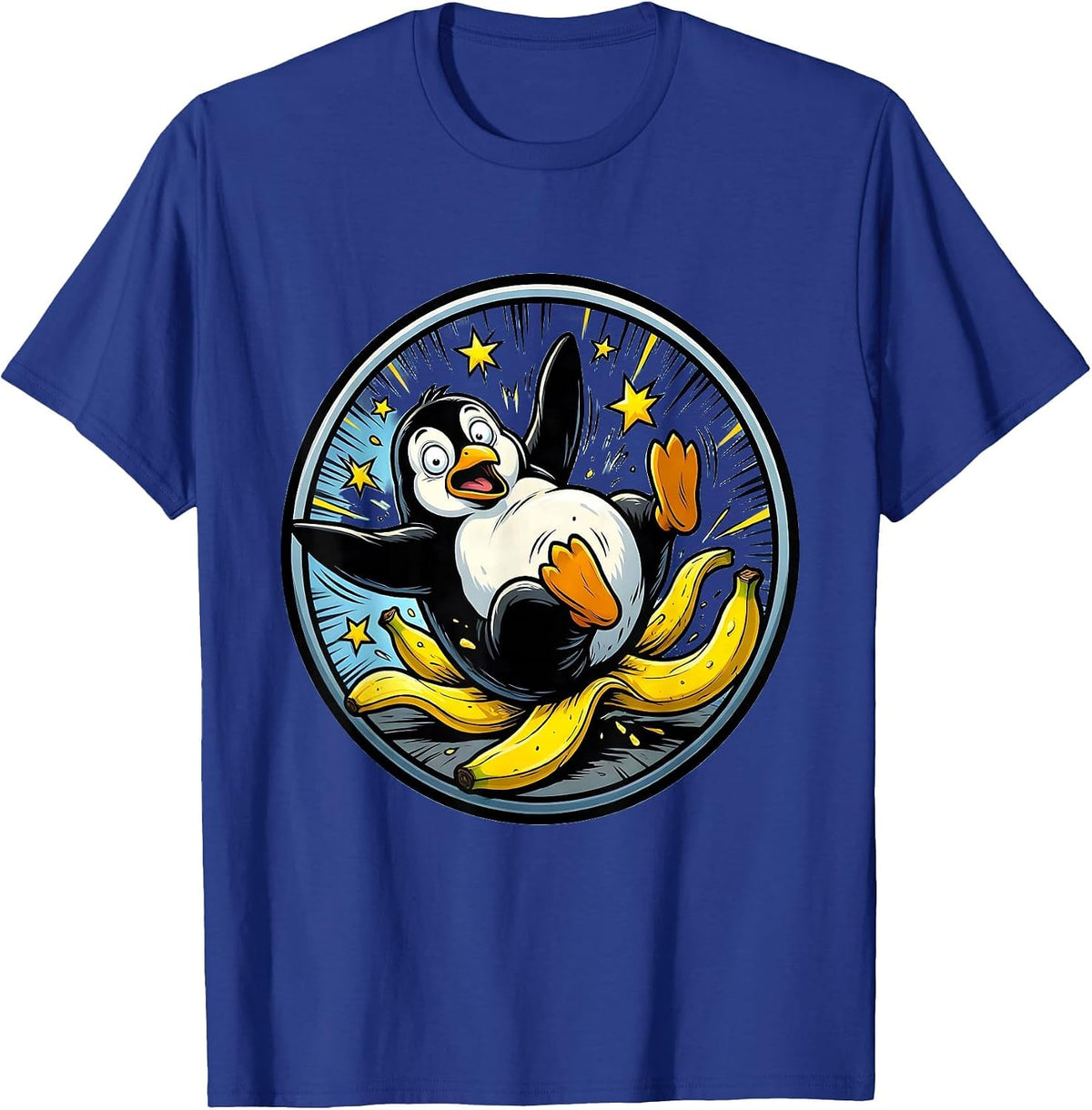 Derpy Penguin Slipping on Banana Peel T-Shirt - Royal Blue