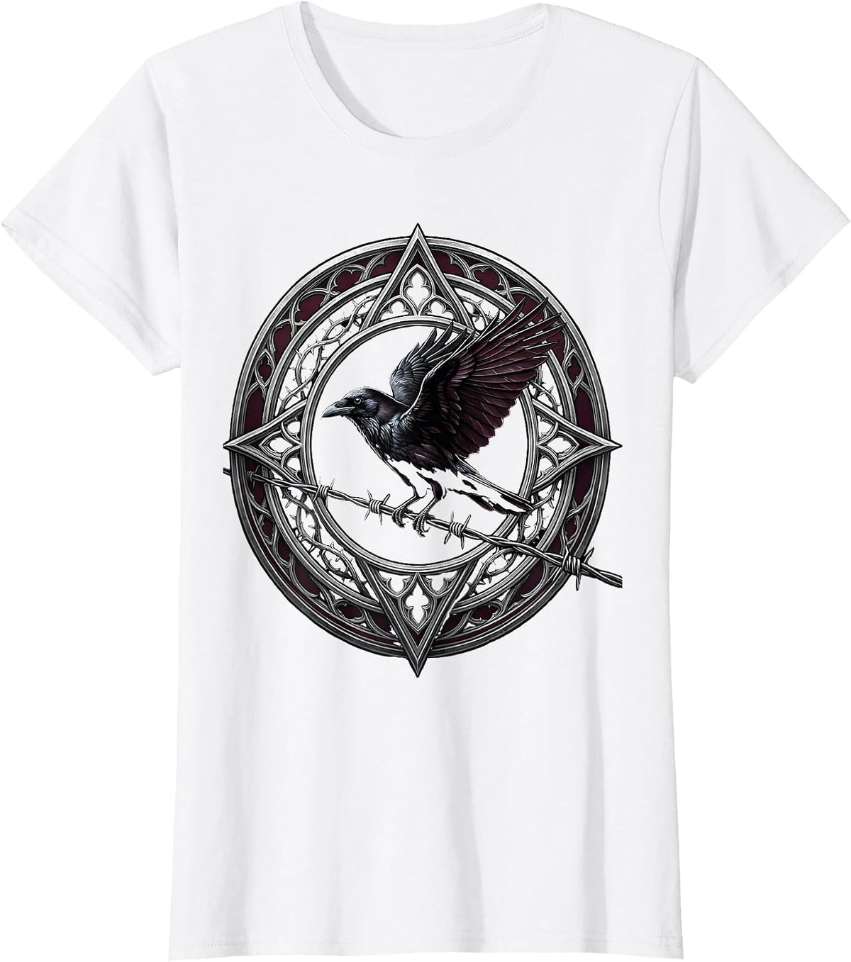Crow on Barbed Wire Fence Illustration T-Shirt - White