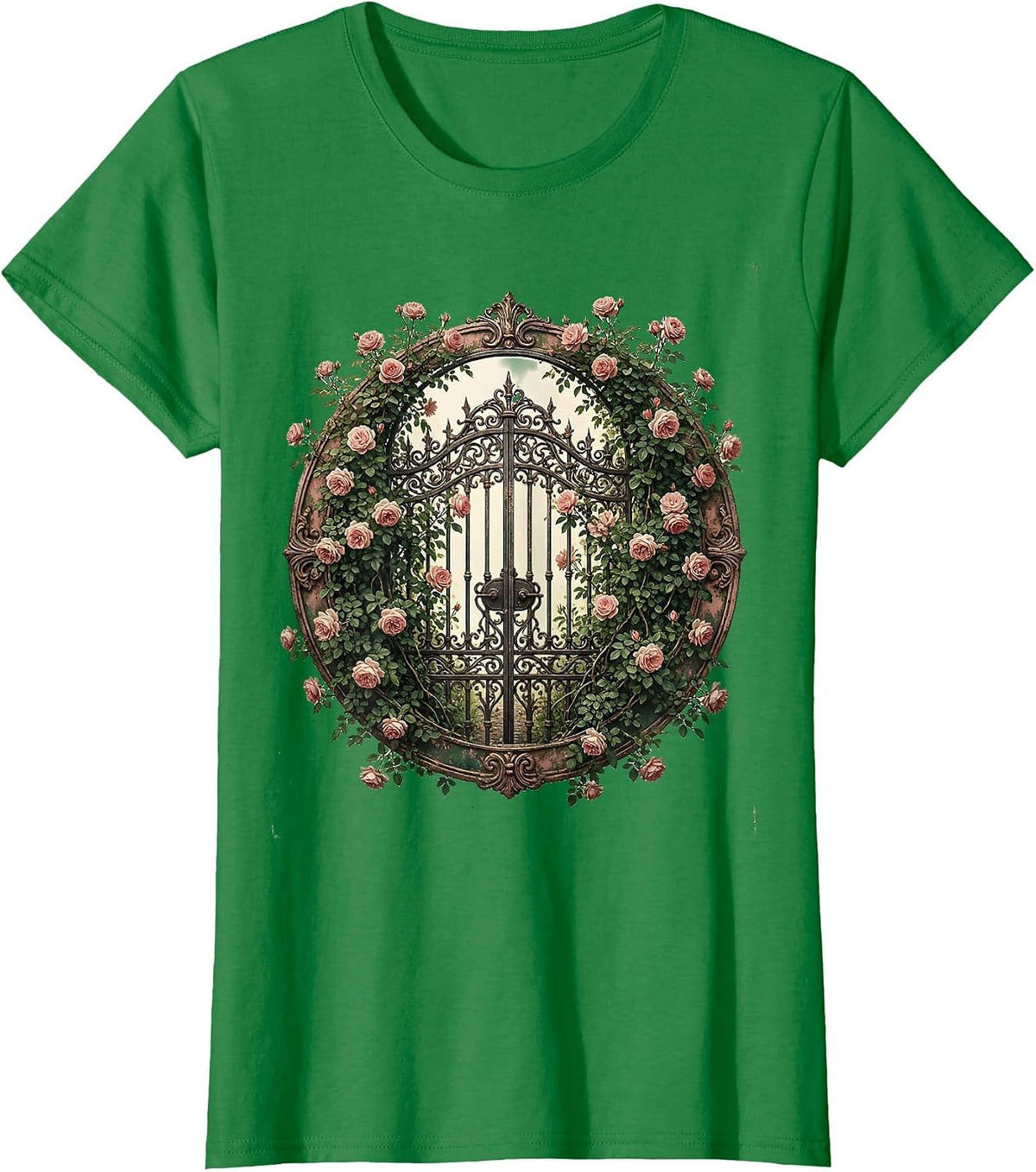 Overgrown Garden Gate Climbing Roses Illustration T-Shirt - Kelly Green