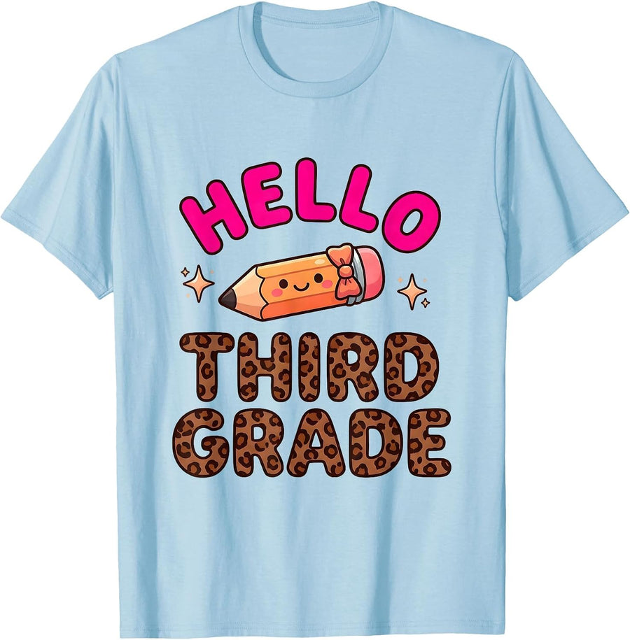 Men's Hello Third Grade Cute Kawaii Leopard Back To School Teacher T-Shirt - Baby Blue