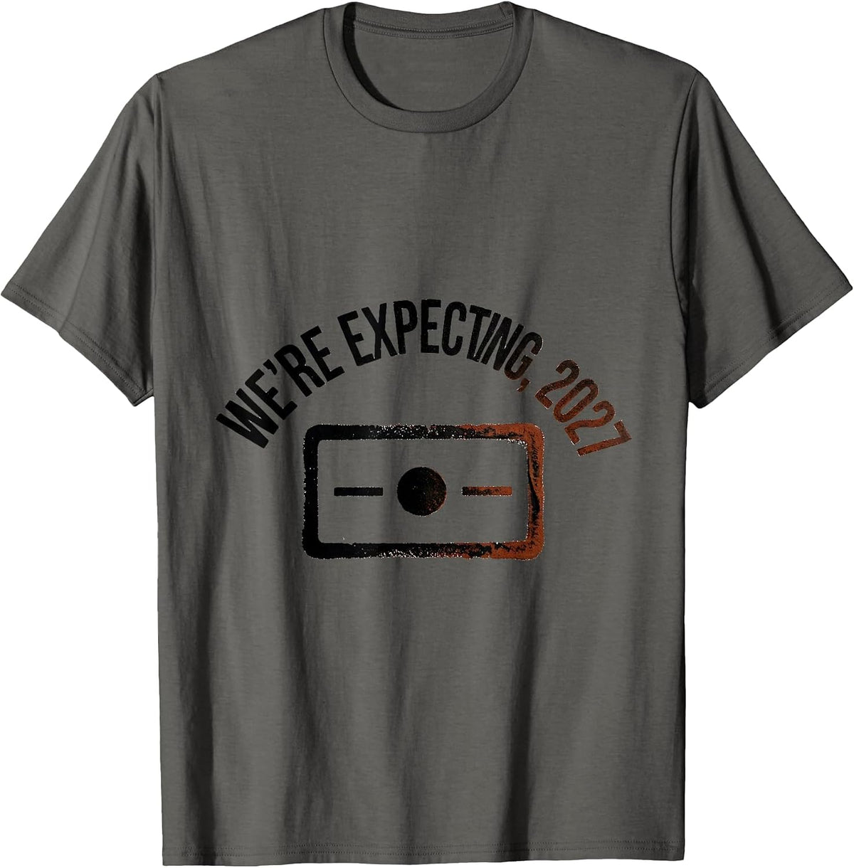 We're Expecting, 2027 Rubber Stamp Pregnancy Announcement T-Shirt - Asphalt Grey
