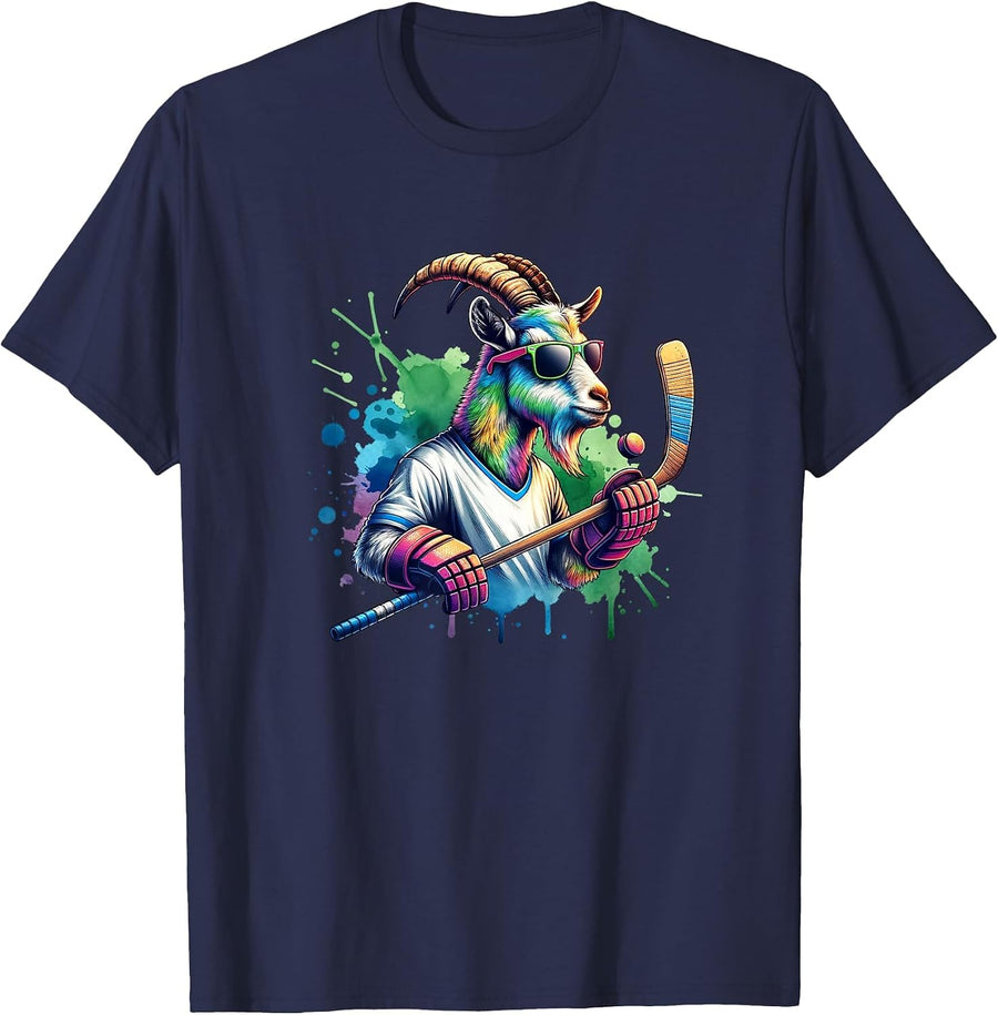 Unique Goat Ice Hockey Goalie Team Sports Design T-Shirt - Navy Blue
