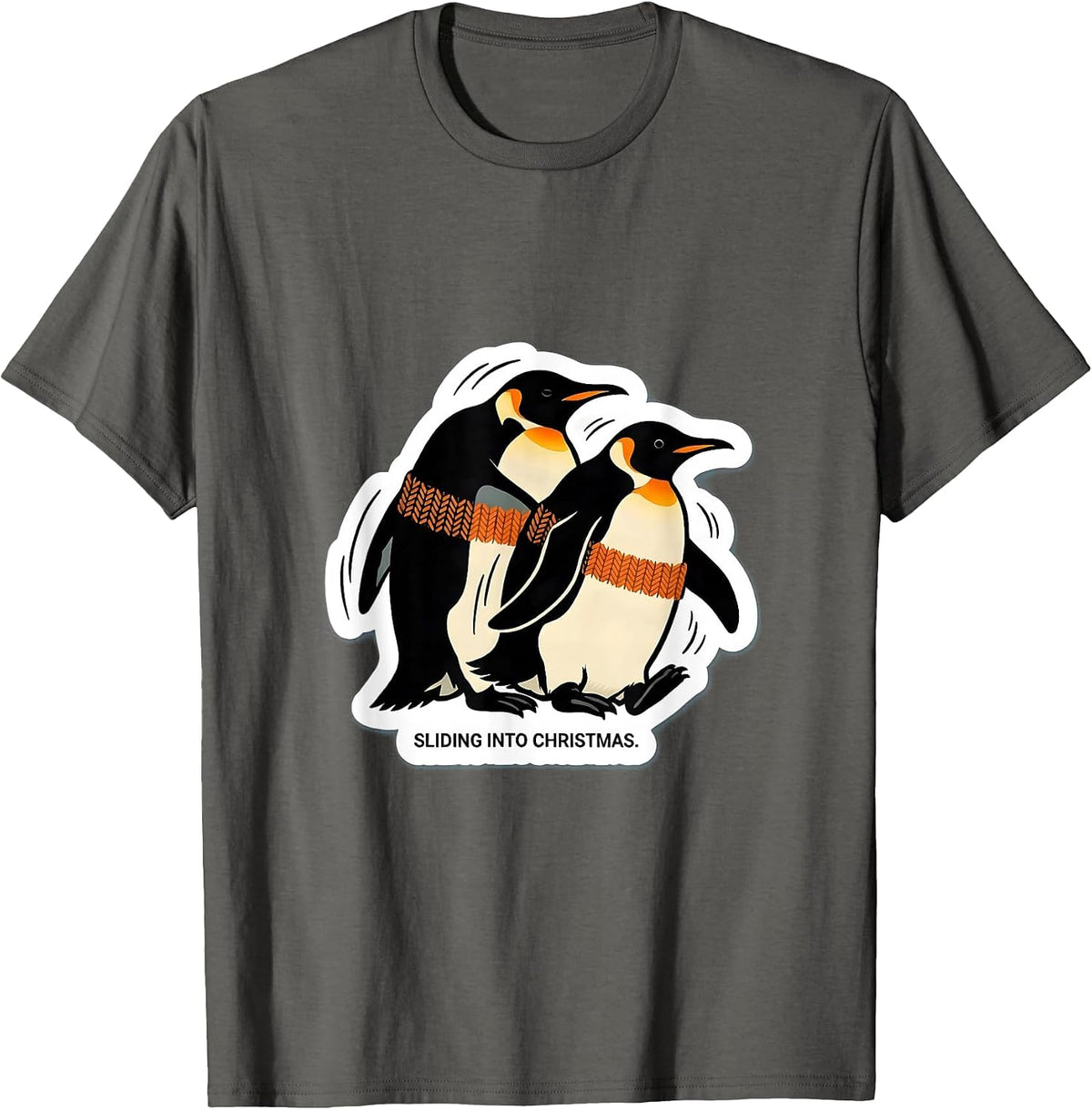 Sliding Into Christmas Funny Penguin Lover Ugly Holiday T-Shirt - Asphalt Grey