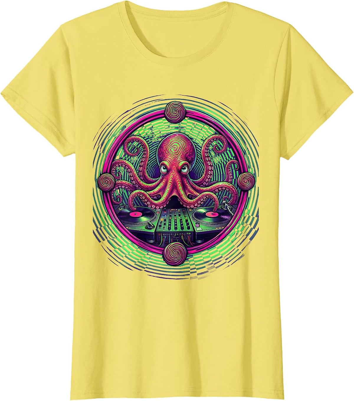 Octopus DJ Rave Graphic Tee T-Shirt - Lemon Yellow
