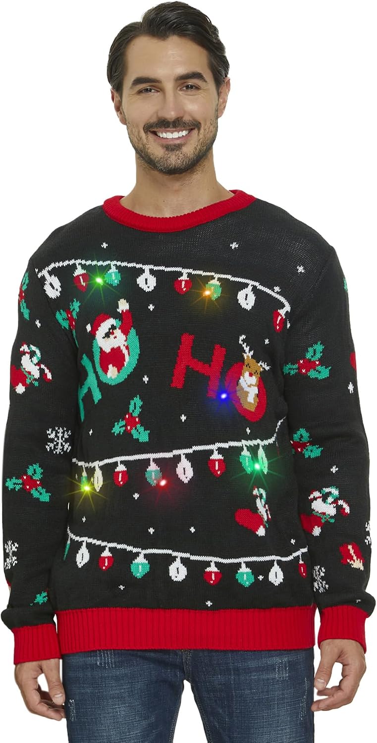 YIJIU Men's Ugly Christmas Sweater Long Sleeve Crew Neck Knitted Sweaters Xmas Holiday Funny Pullover Knitwear Tops - LED