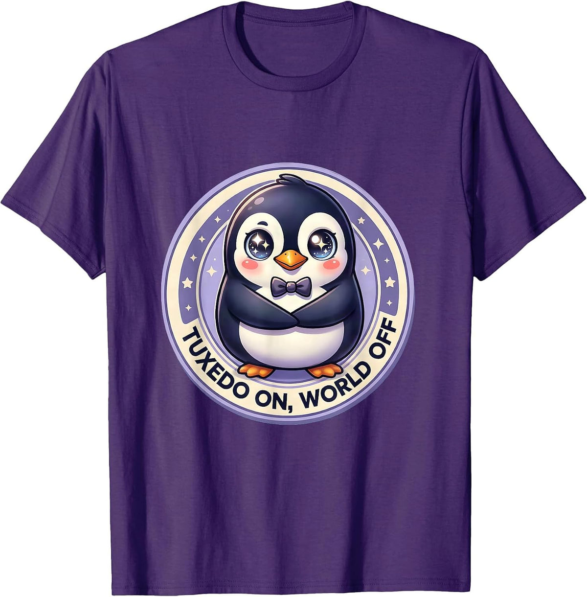 Tuxedo On World Off Funny Penguin Design T-Shirt - Purple