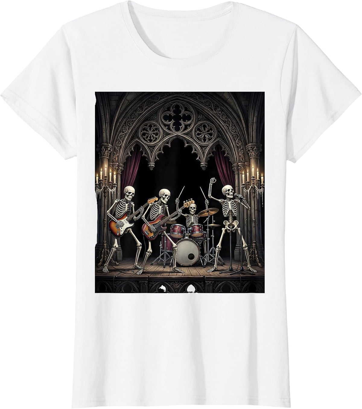 Skeleton Band Performing on Stage Metal Graphic T-Shirt - White