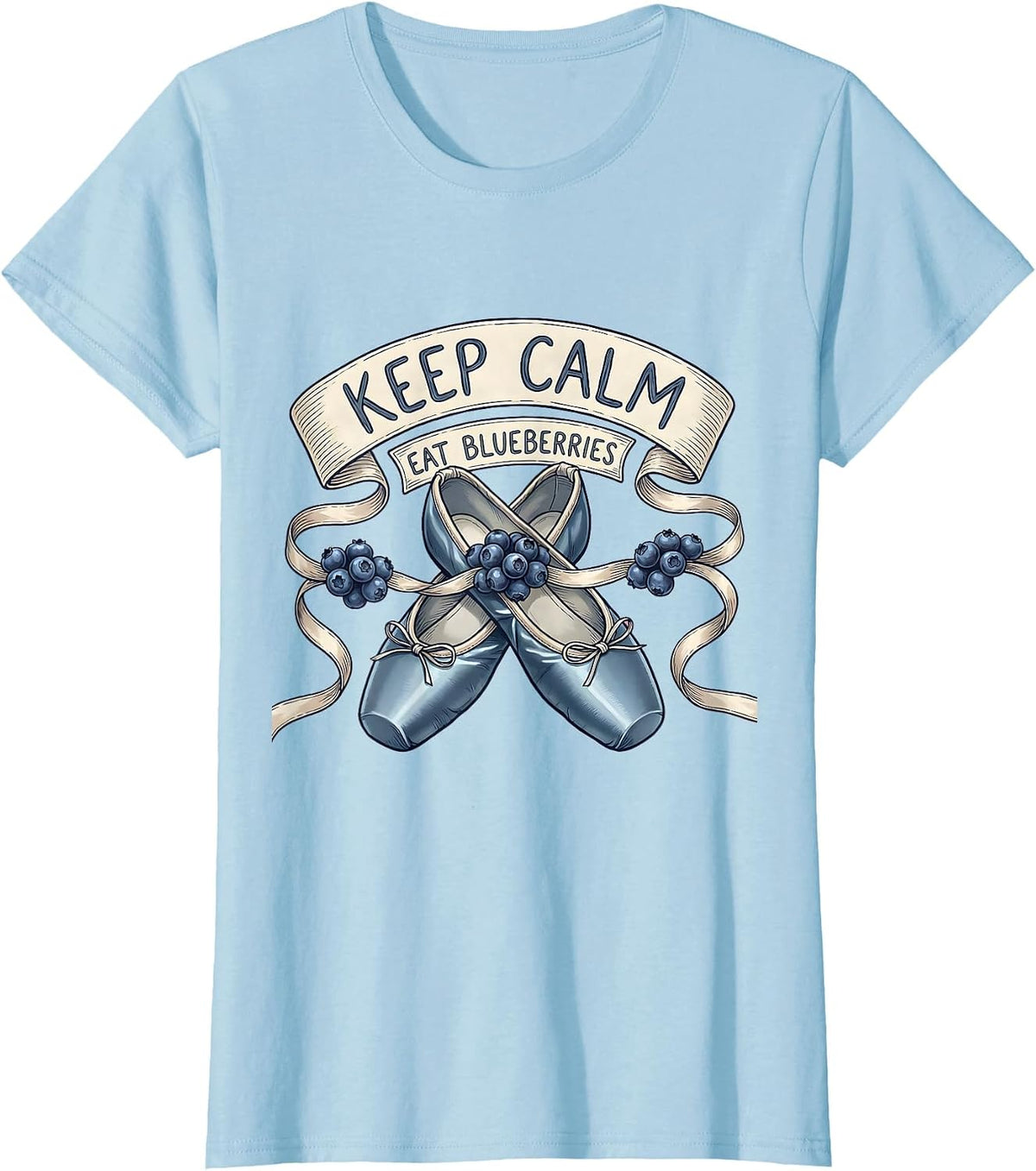 Women's Keep Calm Eat Blueberries Red White and Blue Design T-Shirt - Baby Blue