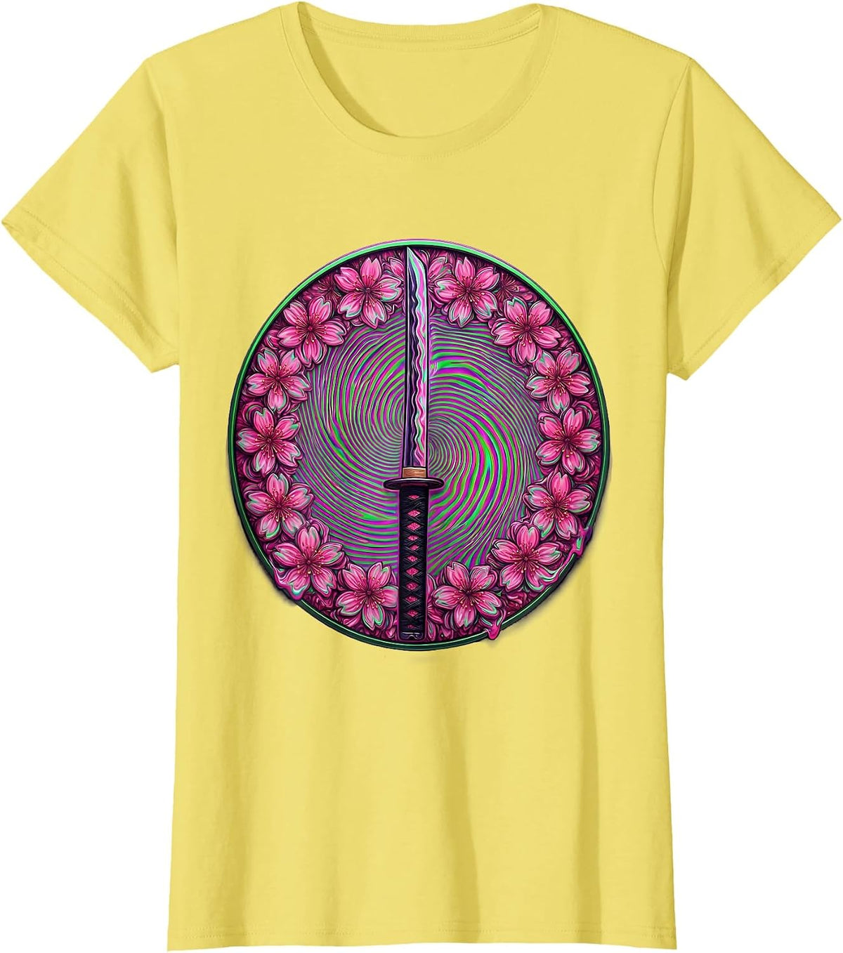 Katana Blade Cherry Blossom Japanese Art Design T-Shirt - Lemon Yellow