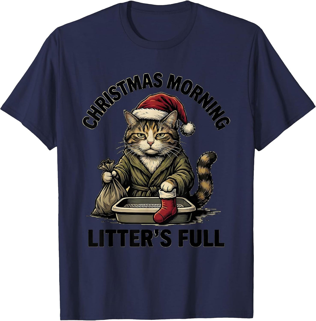 Men's Christmas Morning, Litter's Full Funny Cat Lover Ugly T-Shirt - Navy Blue