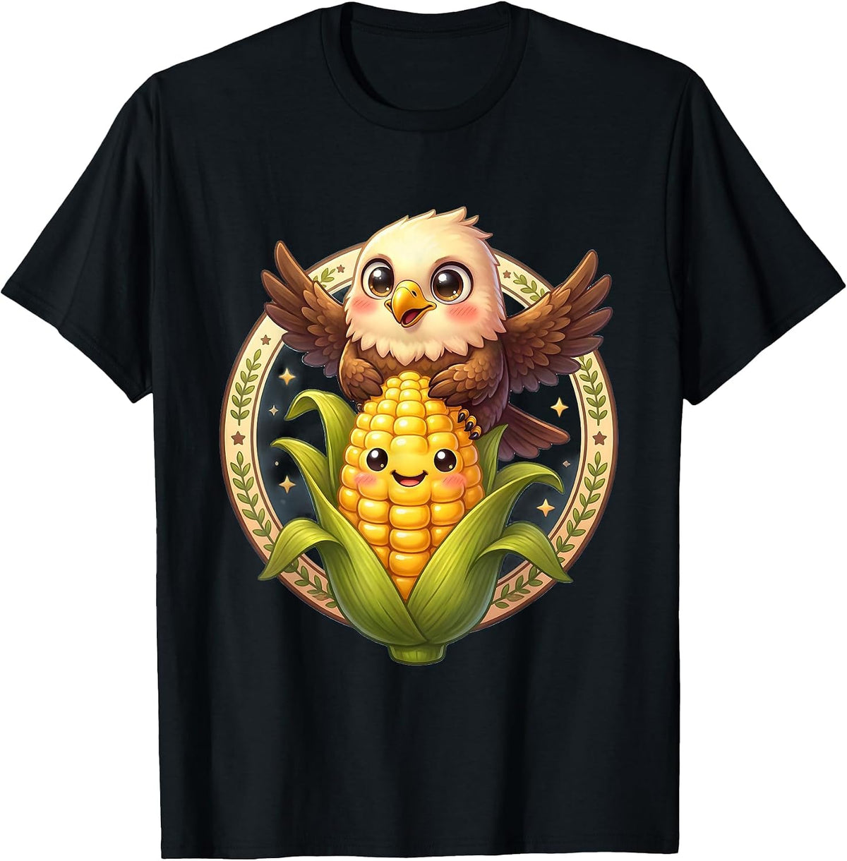 Men's Eagle Perched on Corn Stalk Graphic Design T-Shirt - Black