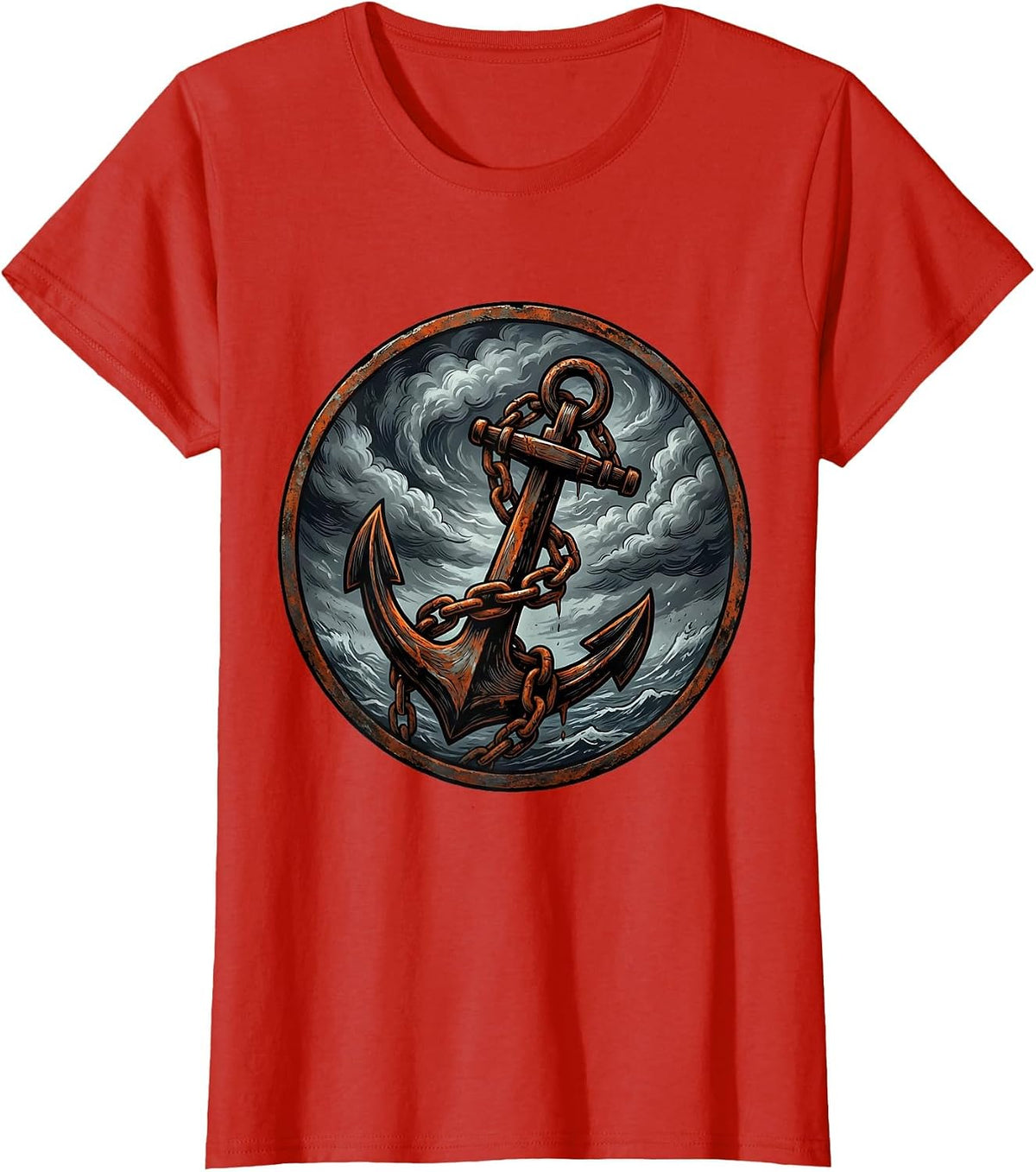 Chained Anchor Storm Clouds Grunge Graphic T-Shirt - Red