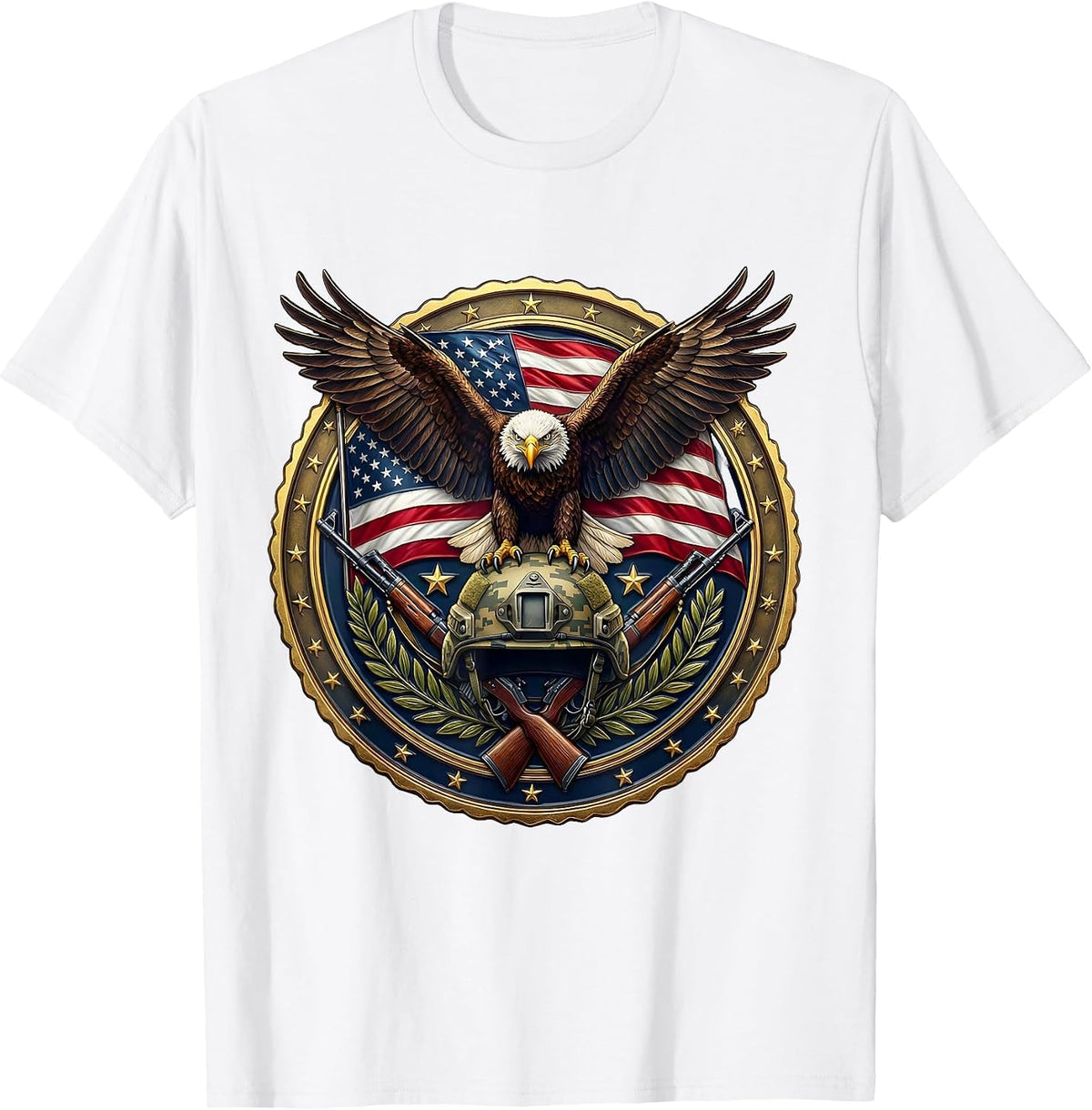 Men's Bald Eagle on Military Helmet Patriotic Design T-Shirt - White