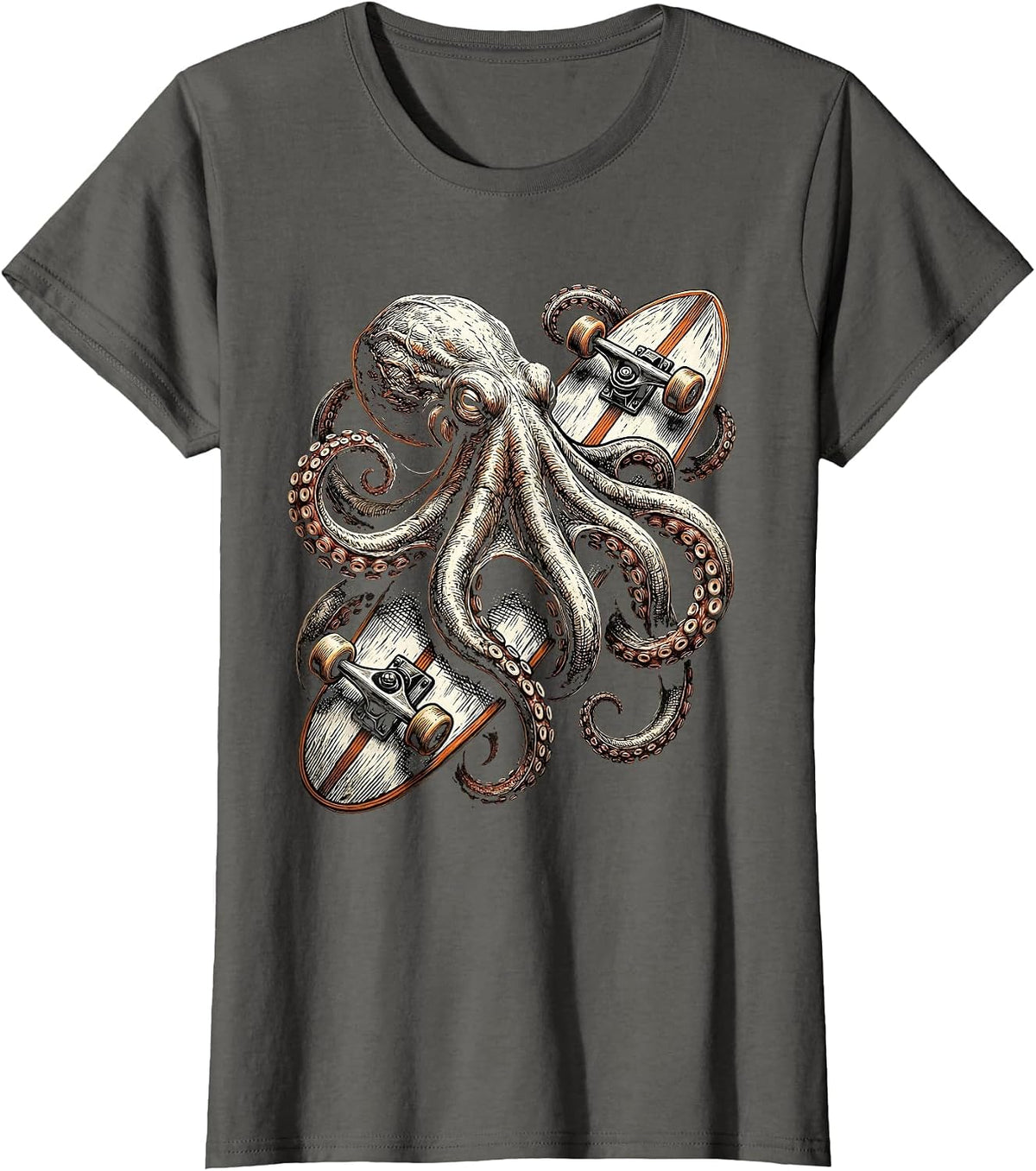 Women's Octopus Surfboard Surf Art Graphic Tee T-Shirt - Asphalt Grey