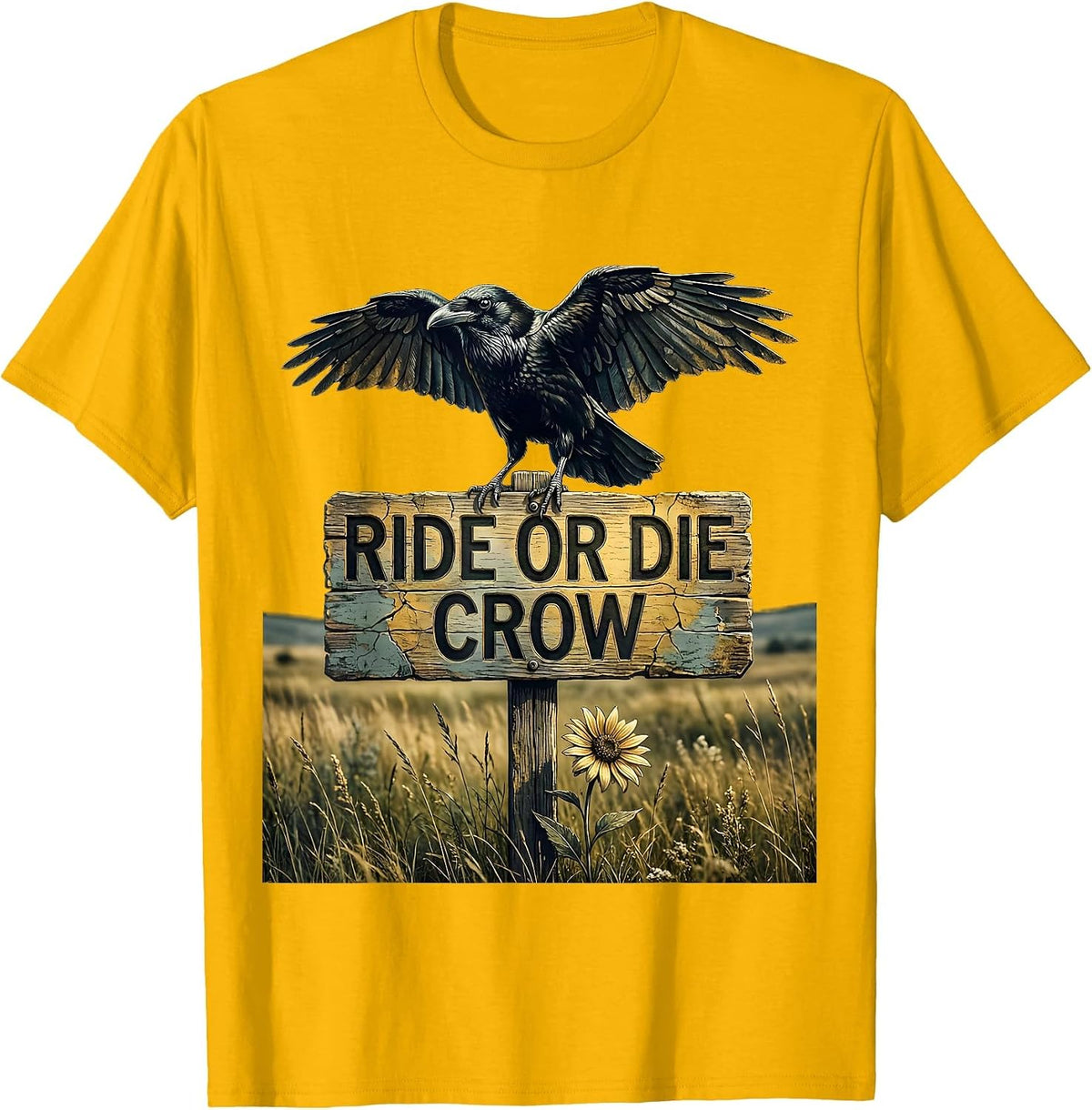 Ride or Die Crow Bold Dark Bird Design T-Shirt - Golden Yellow
